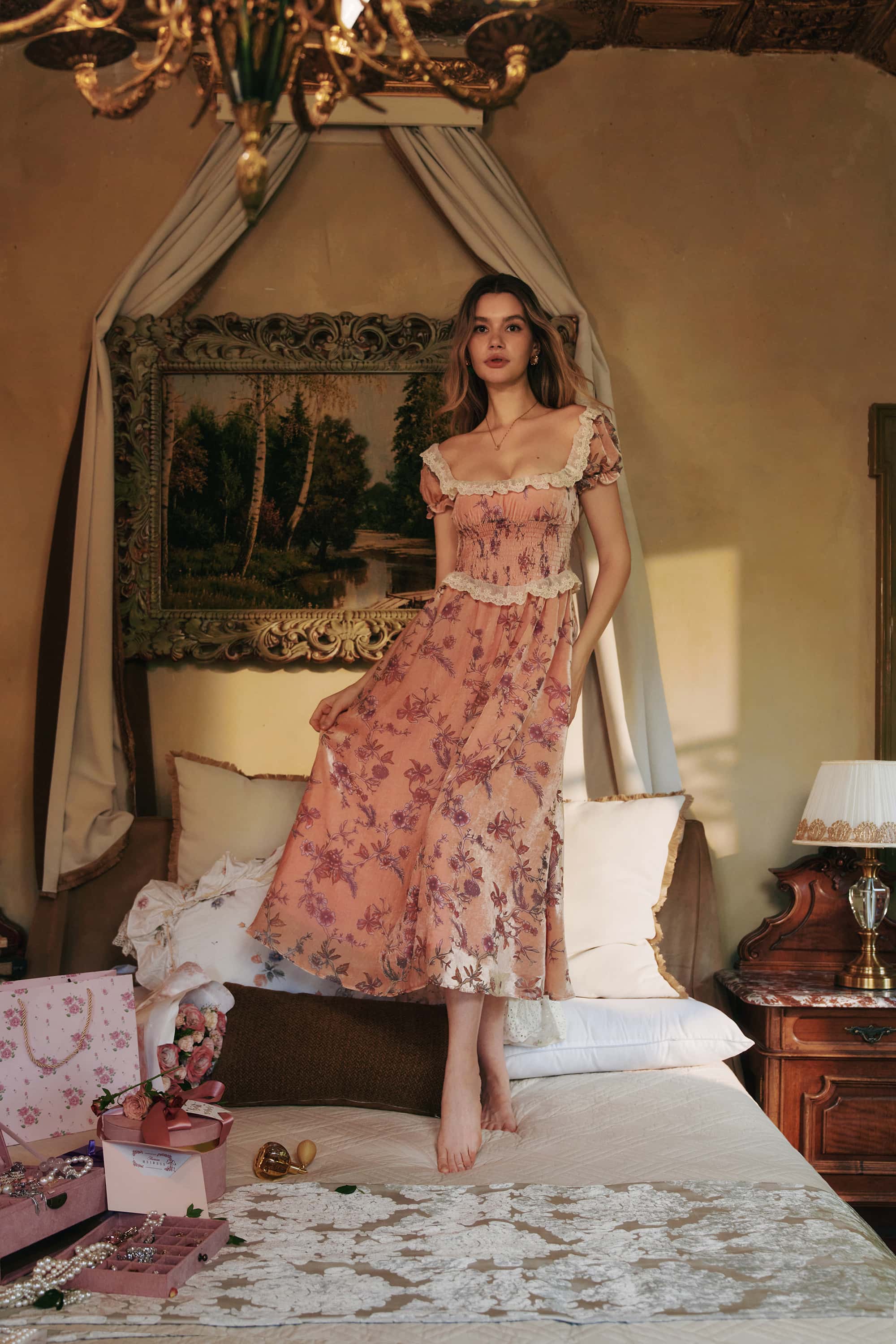 Marian Burnout Velvet Midi Dress in Blush Pink