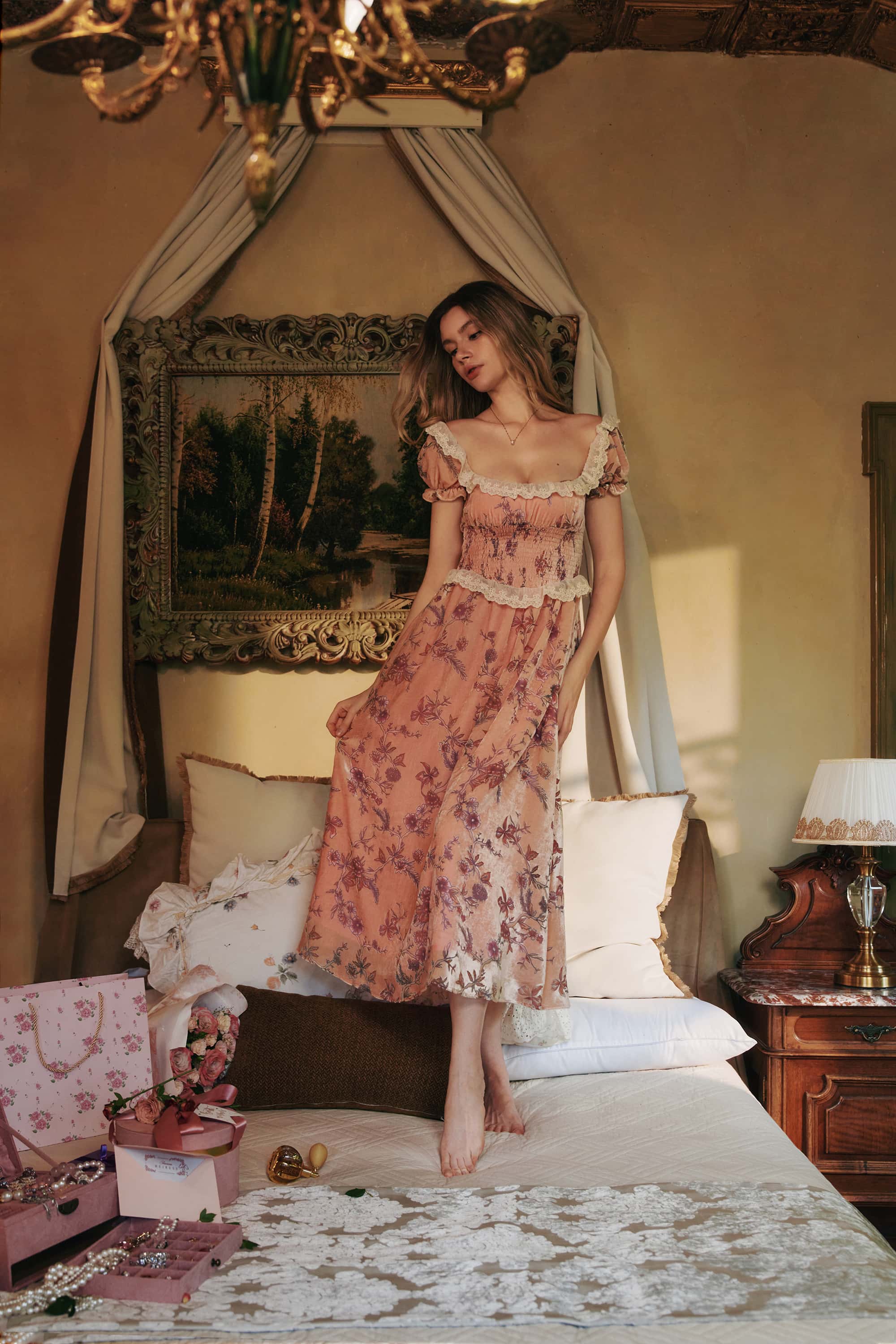 Marian Burnout Velvet Midi Dress in Blush Pink