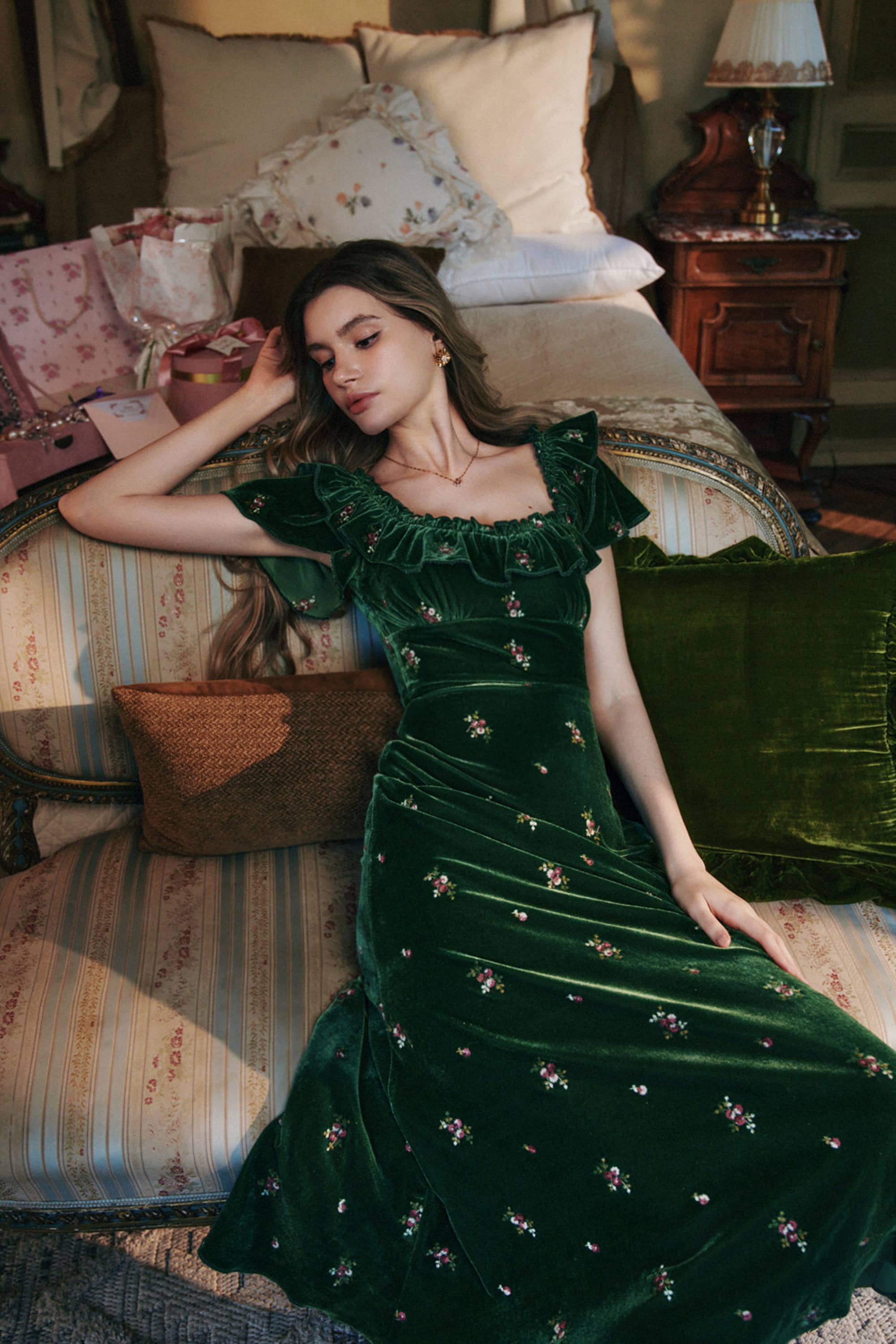 Sylvia Embroidered Velvet Maxi Dress in Forest Green