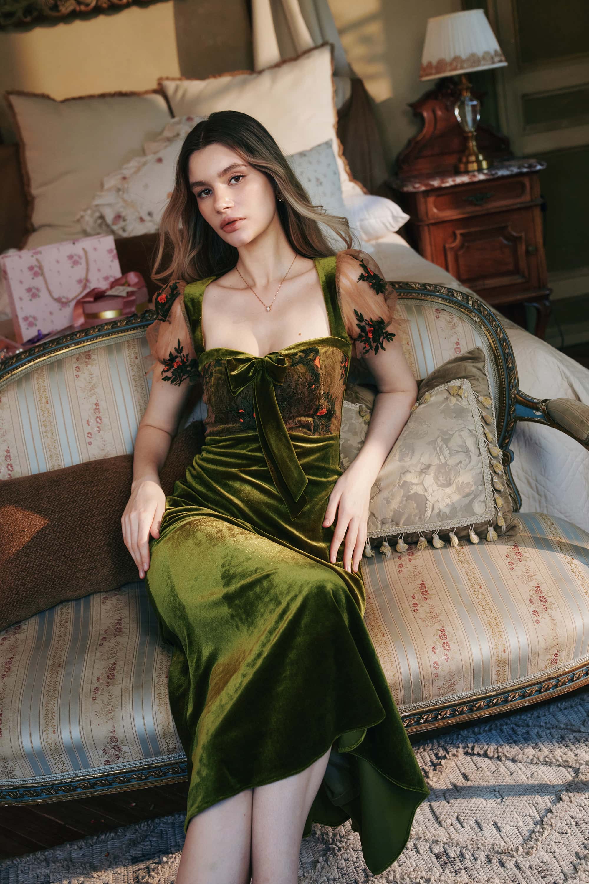 Olivia Knit Velvet Midi Dress in Moss Green