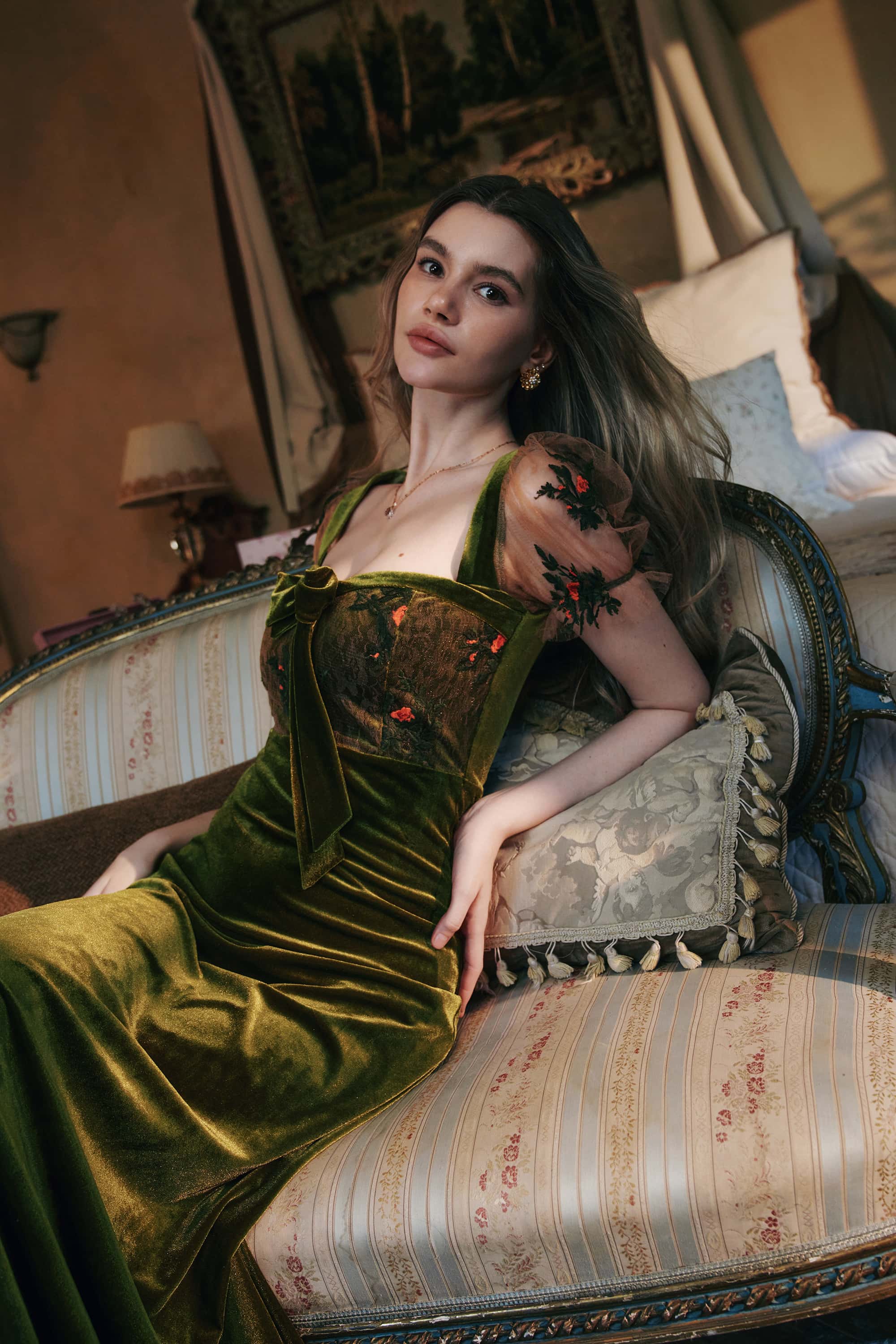 Olivia Knit Velvet Midi Dress in Moss Green