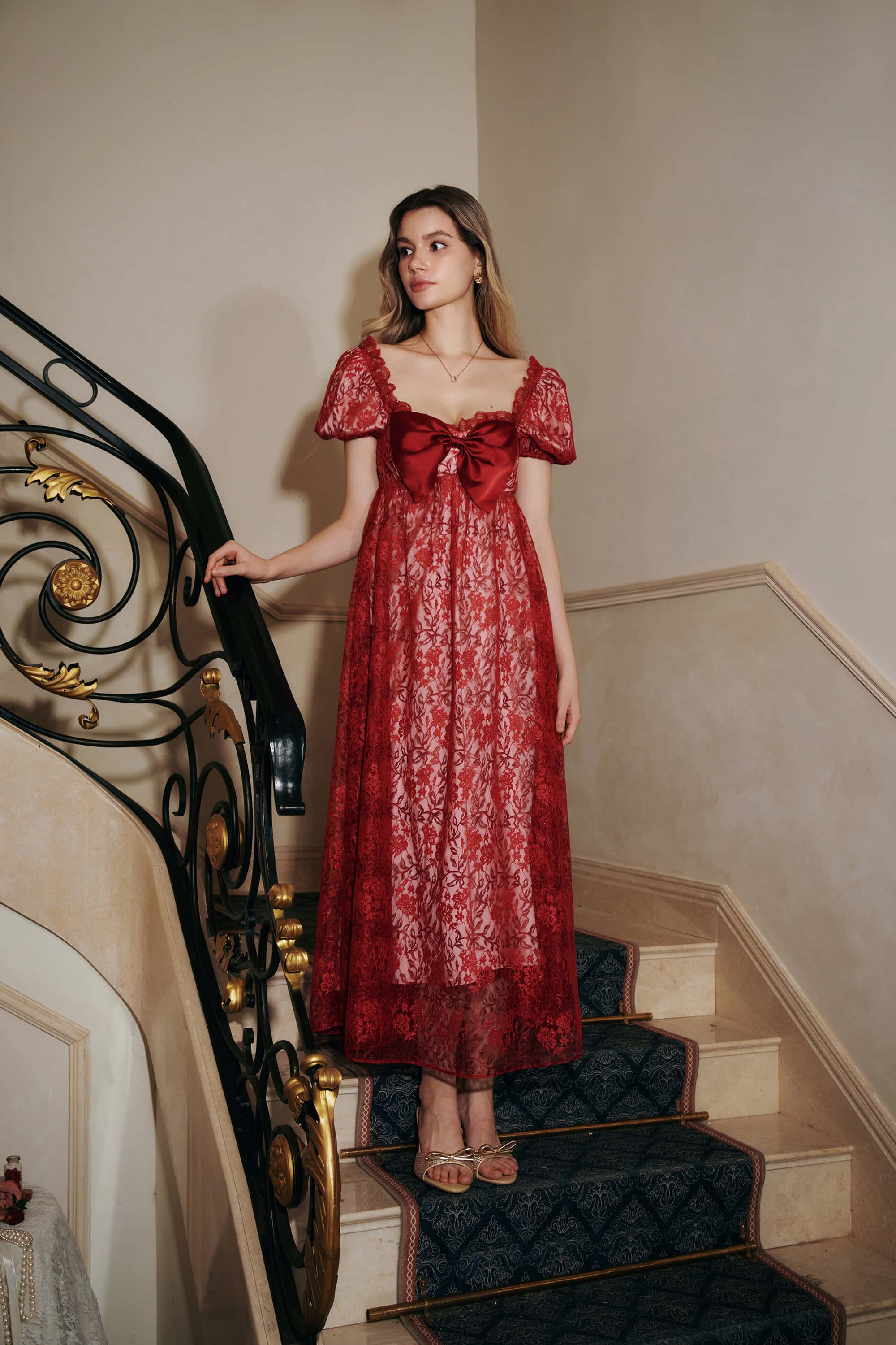 Brooke Embroidered Lace Midi Dress in Ruby Red