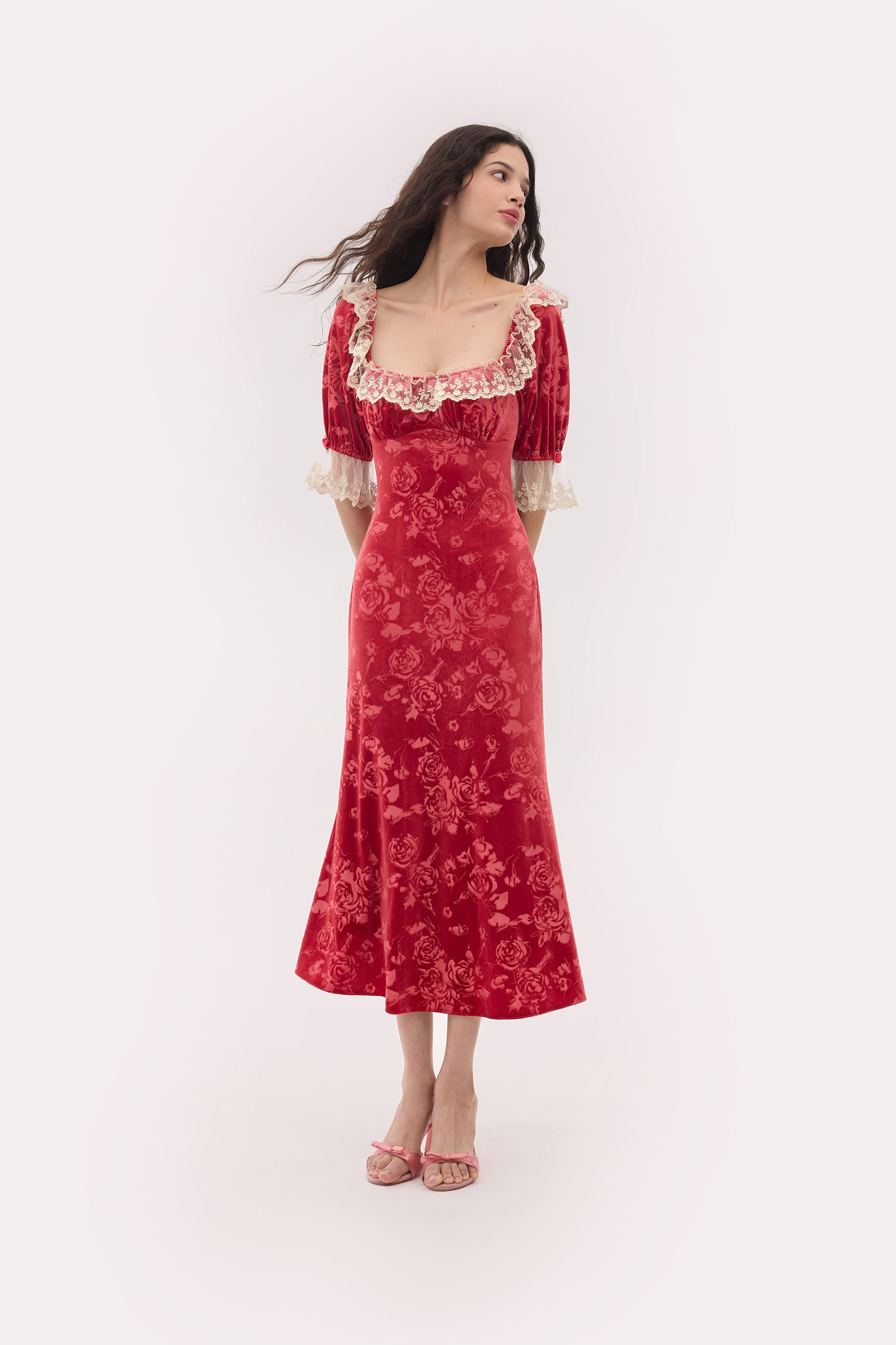 Bridgette Embossed Velvet Midi Dress in Lollipop Red