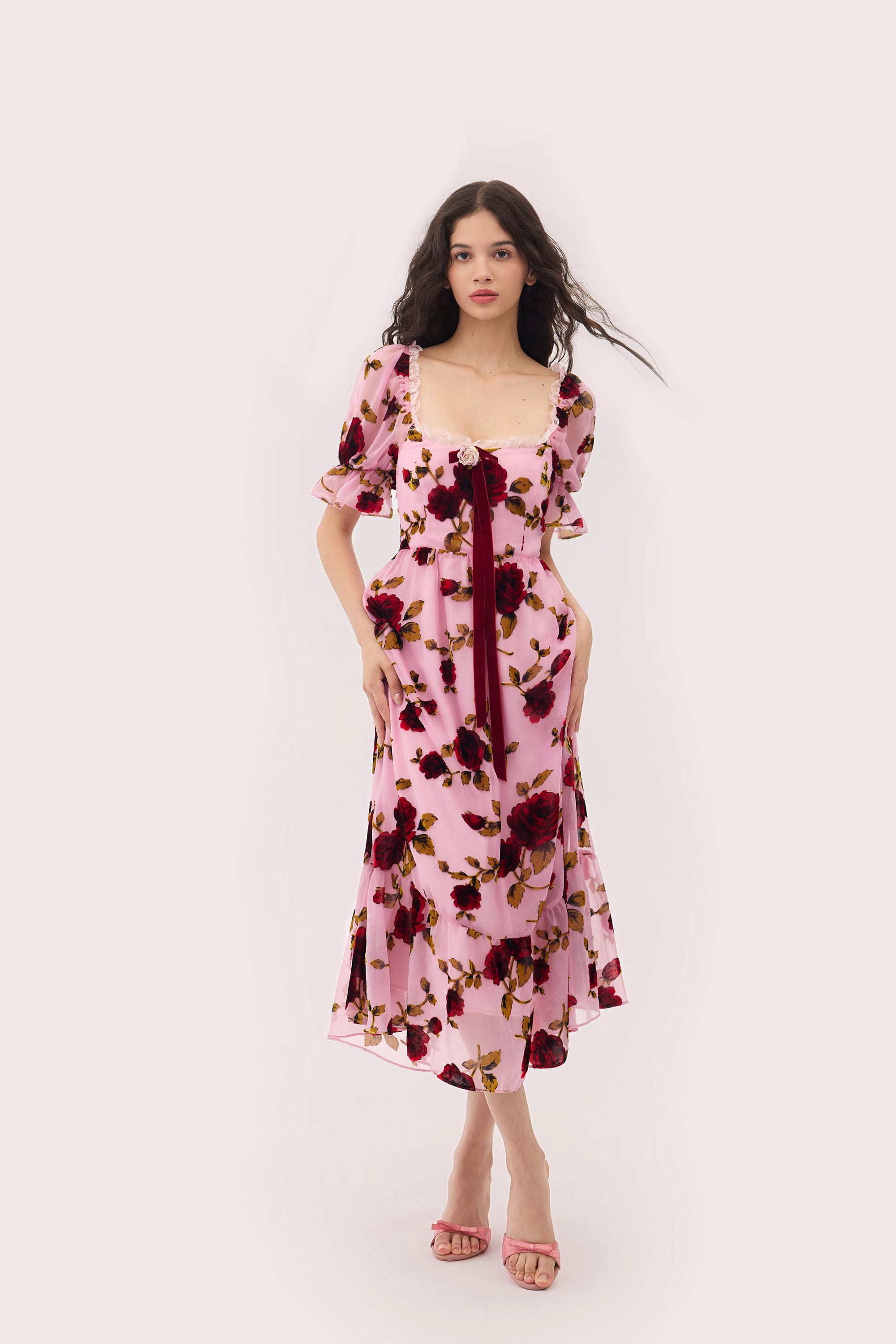 Stella Burnout Velvet Midi Dress in Rose Pink