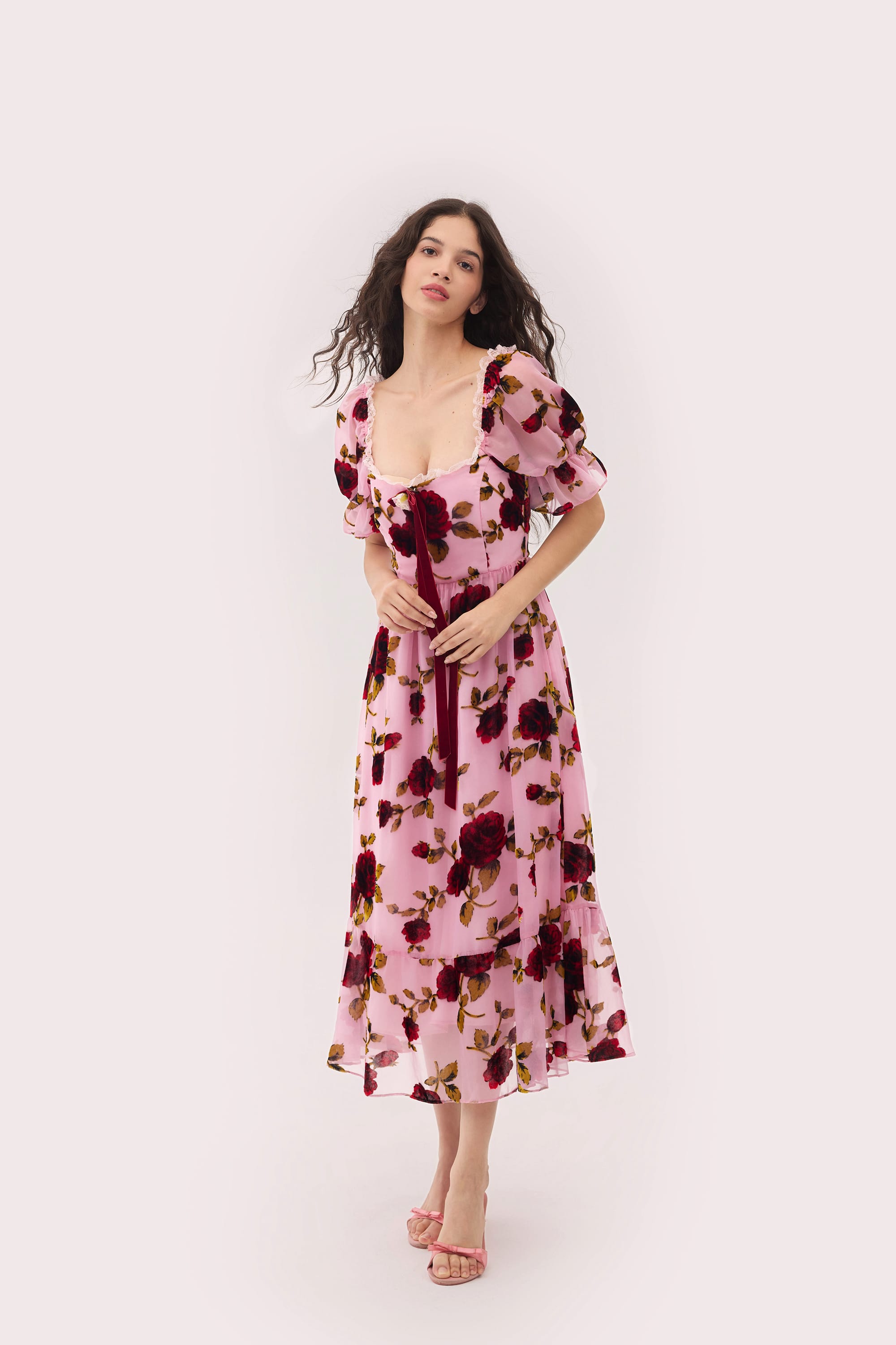 Stella Burnout Velvet Midi Dress in Rose Pink