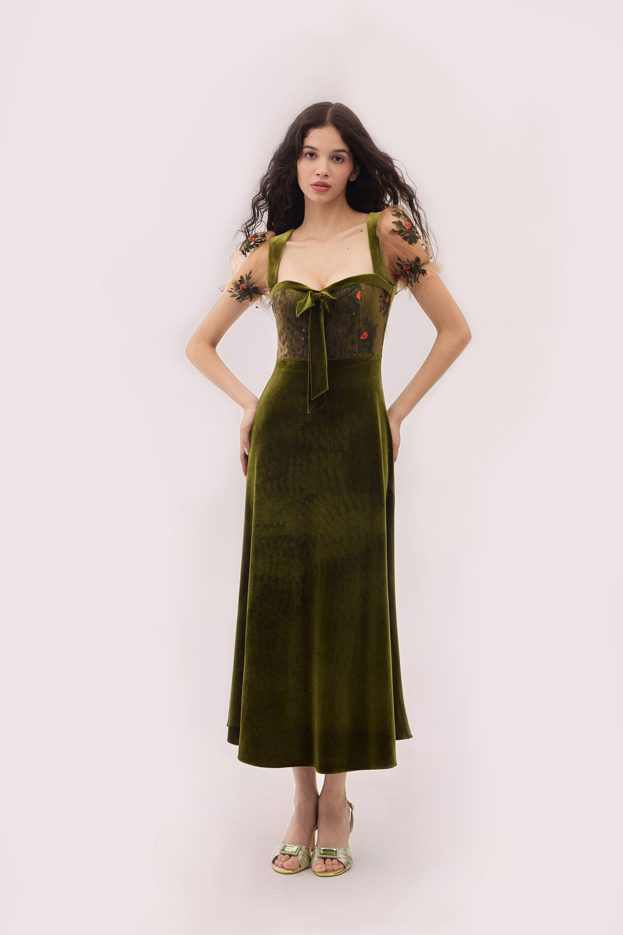 Olivia Knit Velvet Midi Dress in Moss Green