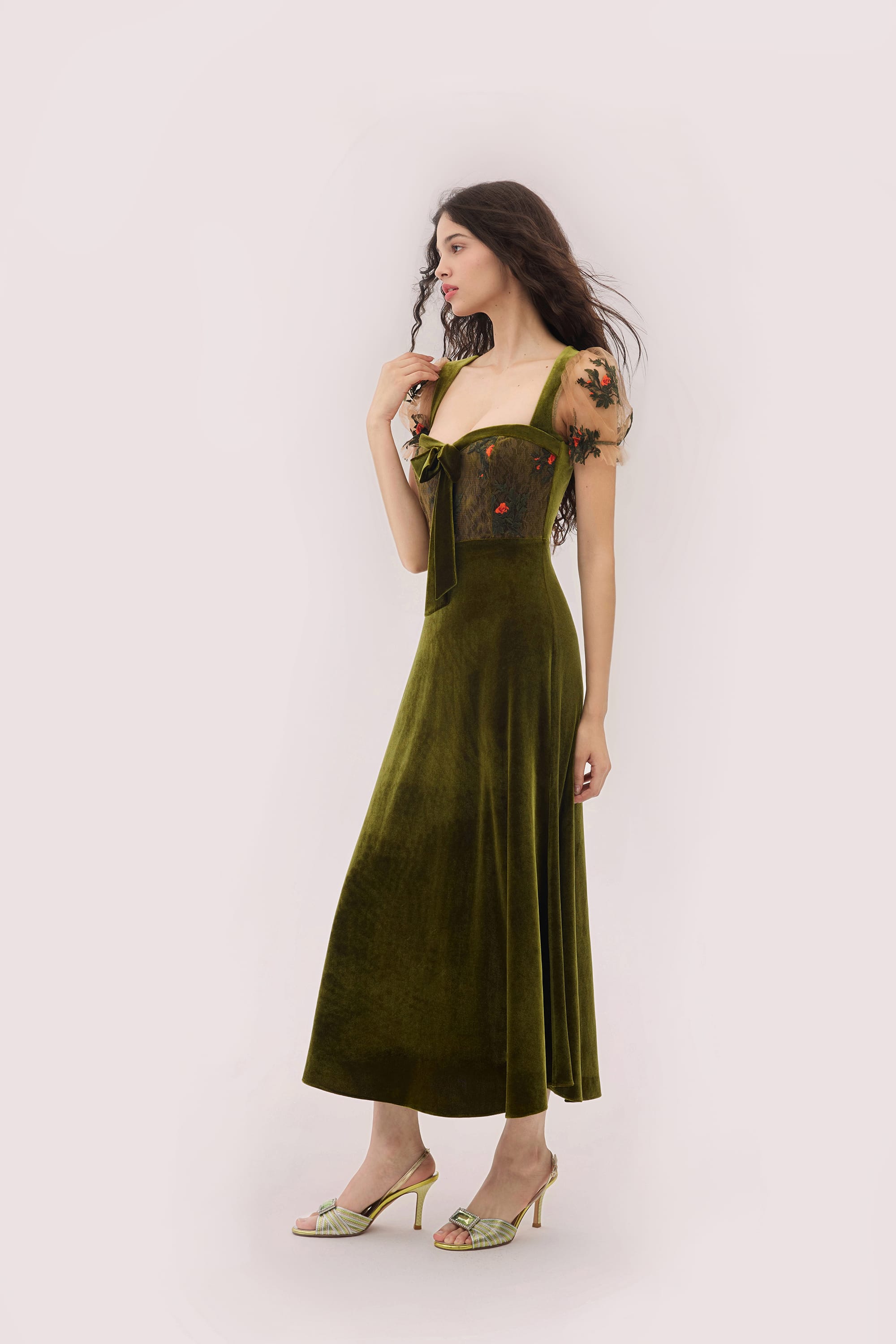 Olivia Knit Velvet Midi Dress in Moss Green