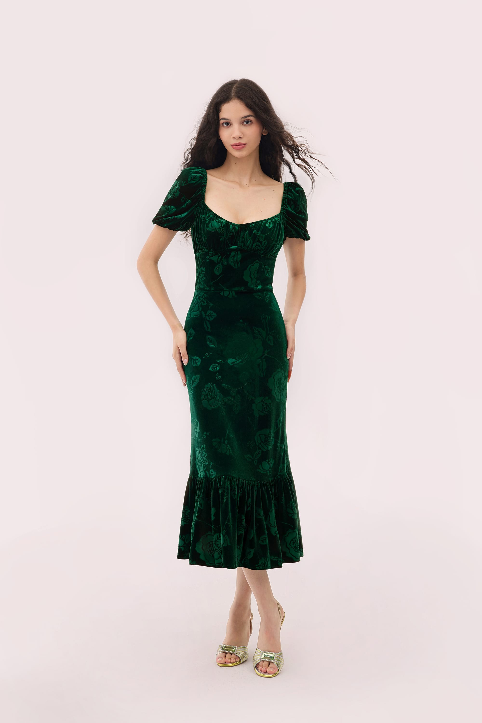 Brielle Embossed Velvet Midi Dress in Emerald Green