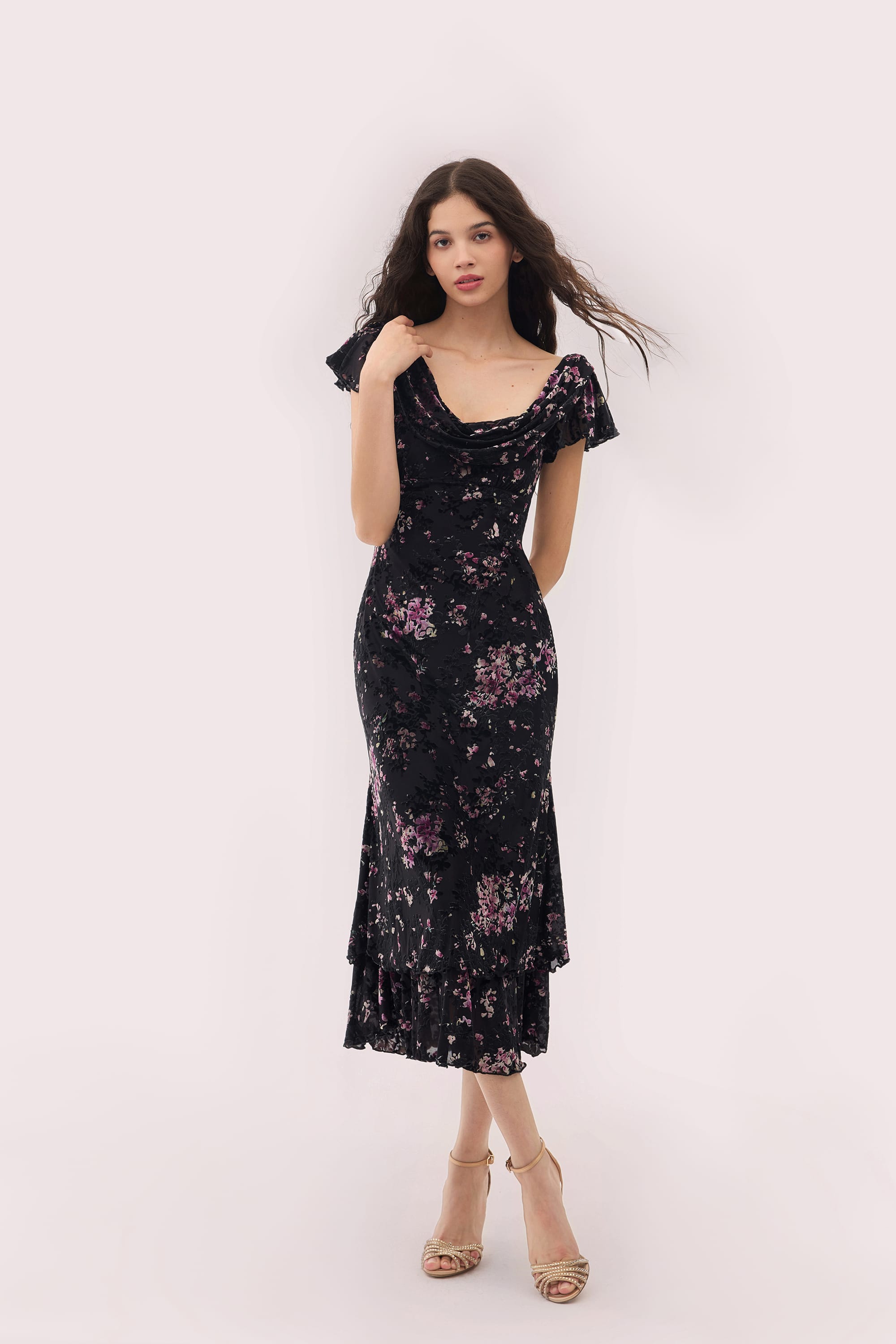 Kathleen Burnout Velvet Midi Dress in Black