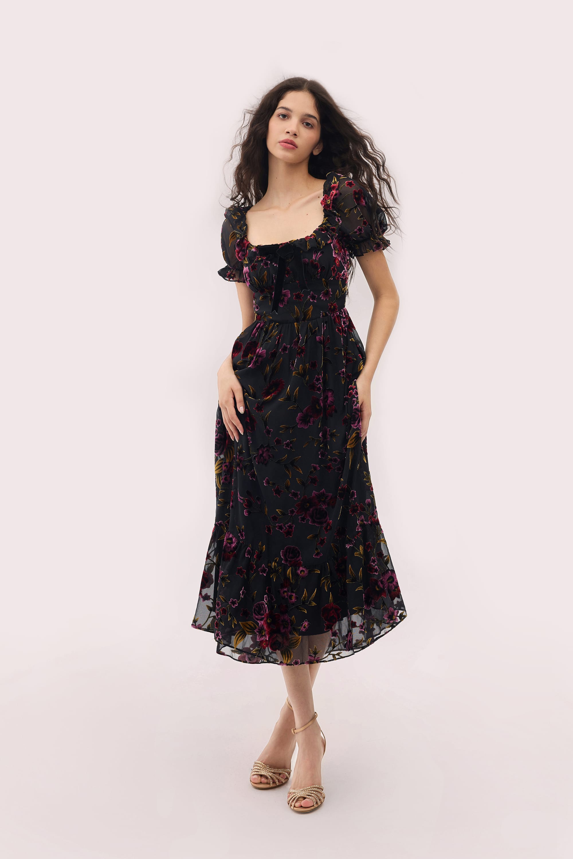 Juliette Burnout Velvet Midi Dress in Black