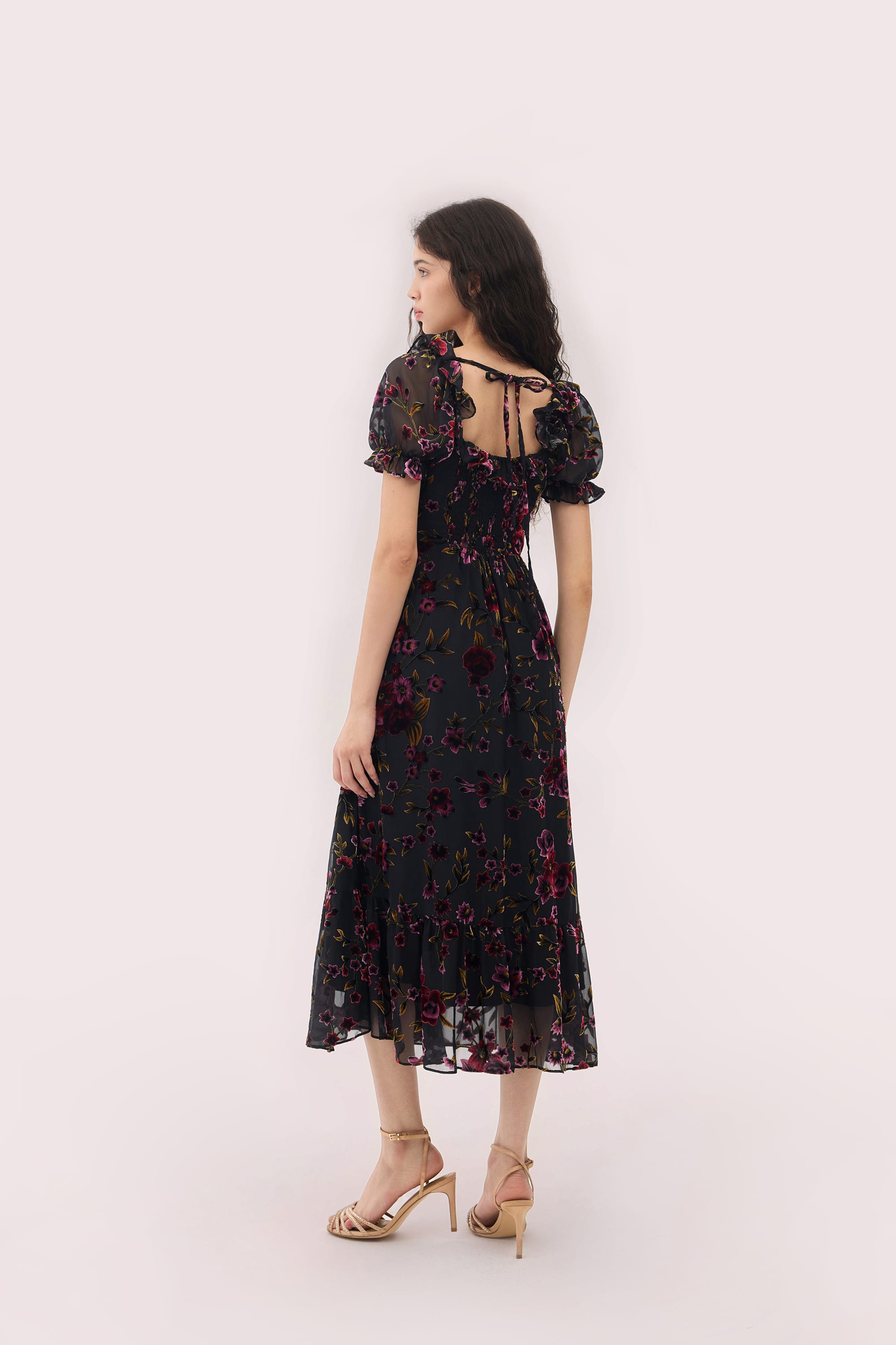 Juliette Burnout Velvet Midi Dress in Black