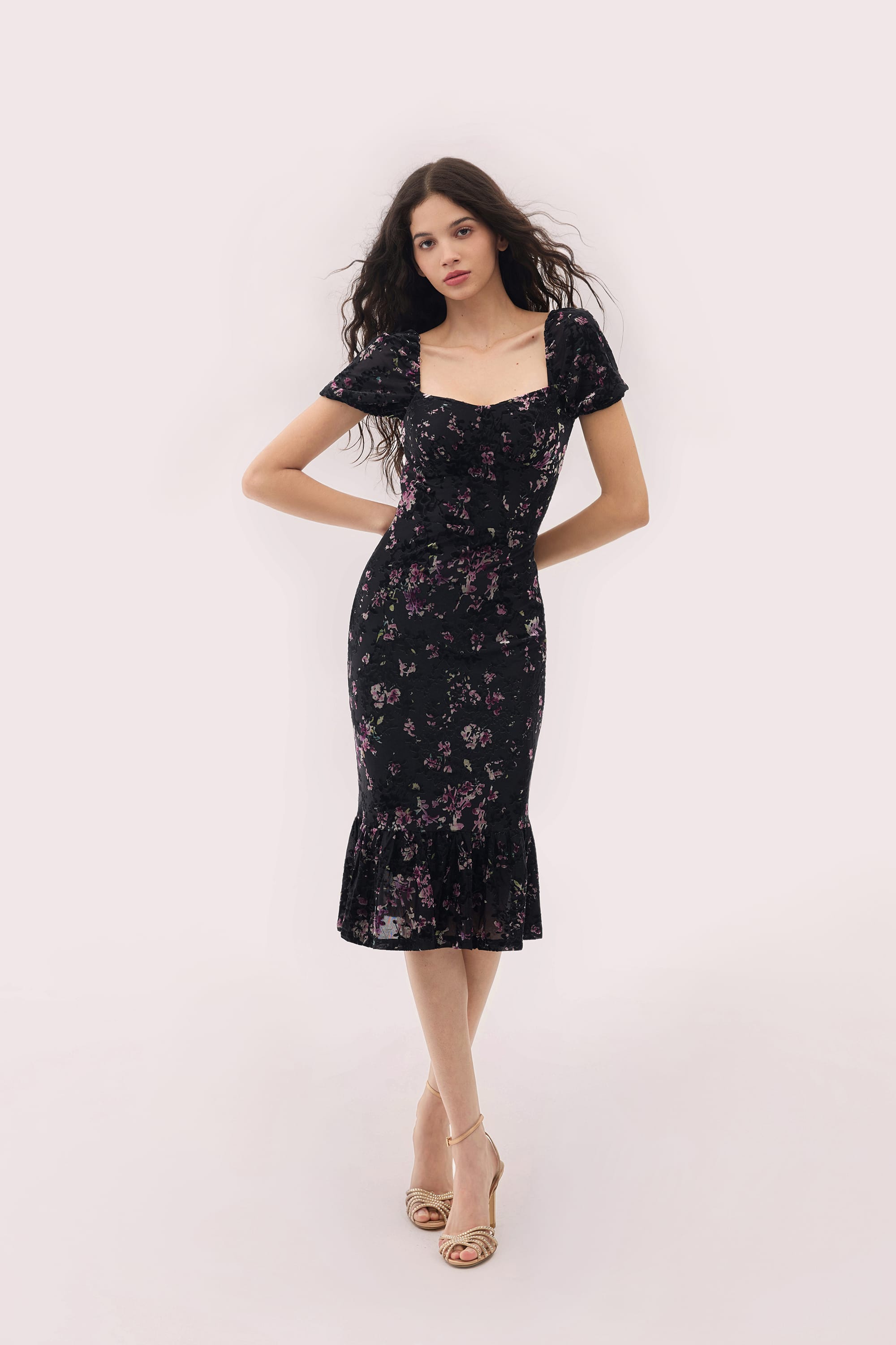 Carmen Burnout Velvet Midi Dress in Black