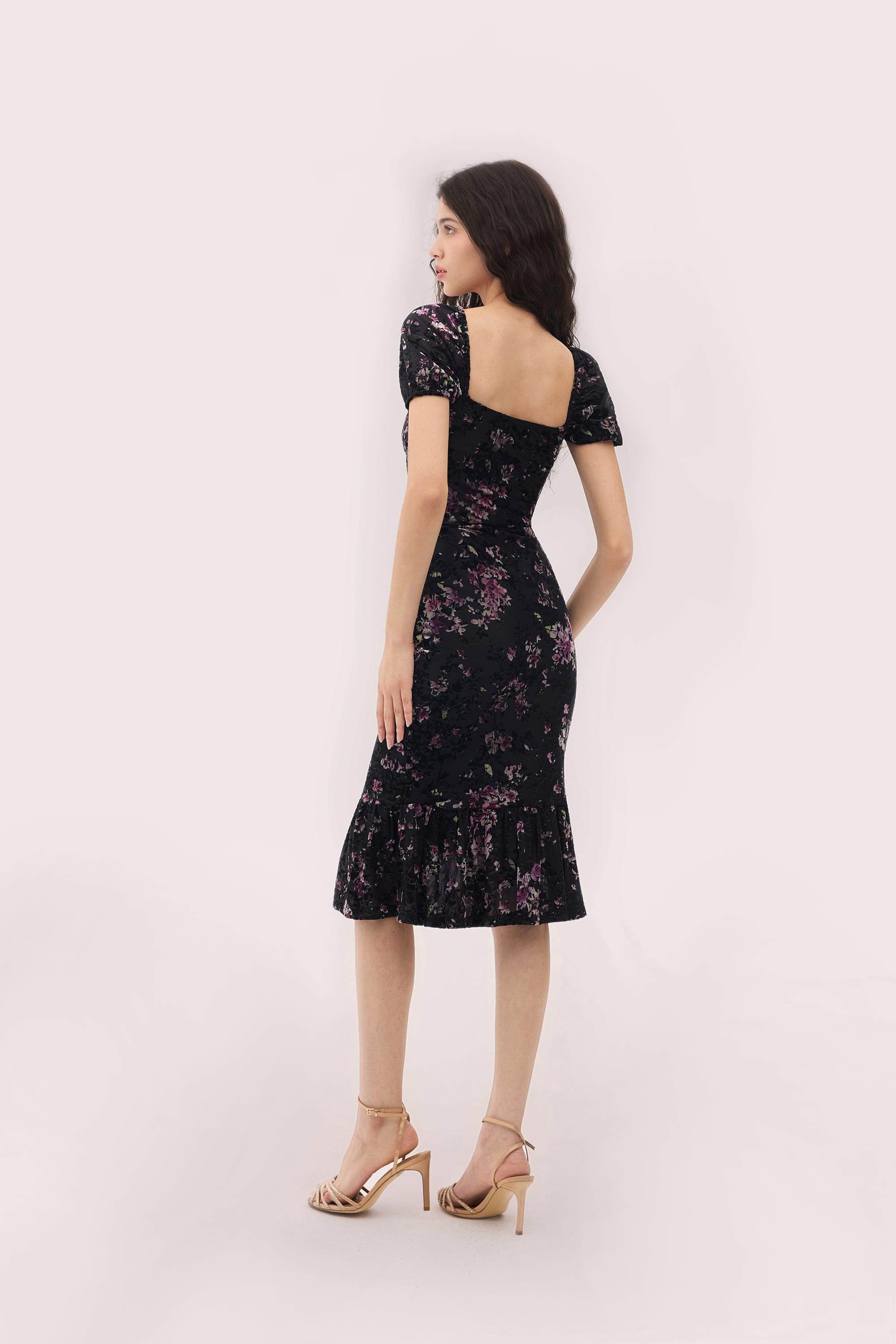 Carmen Burnout Velvet Midi Dress in Black