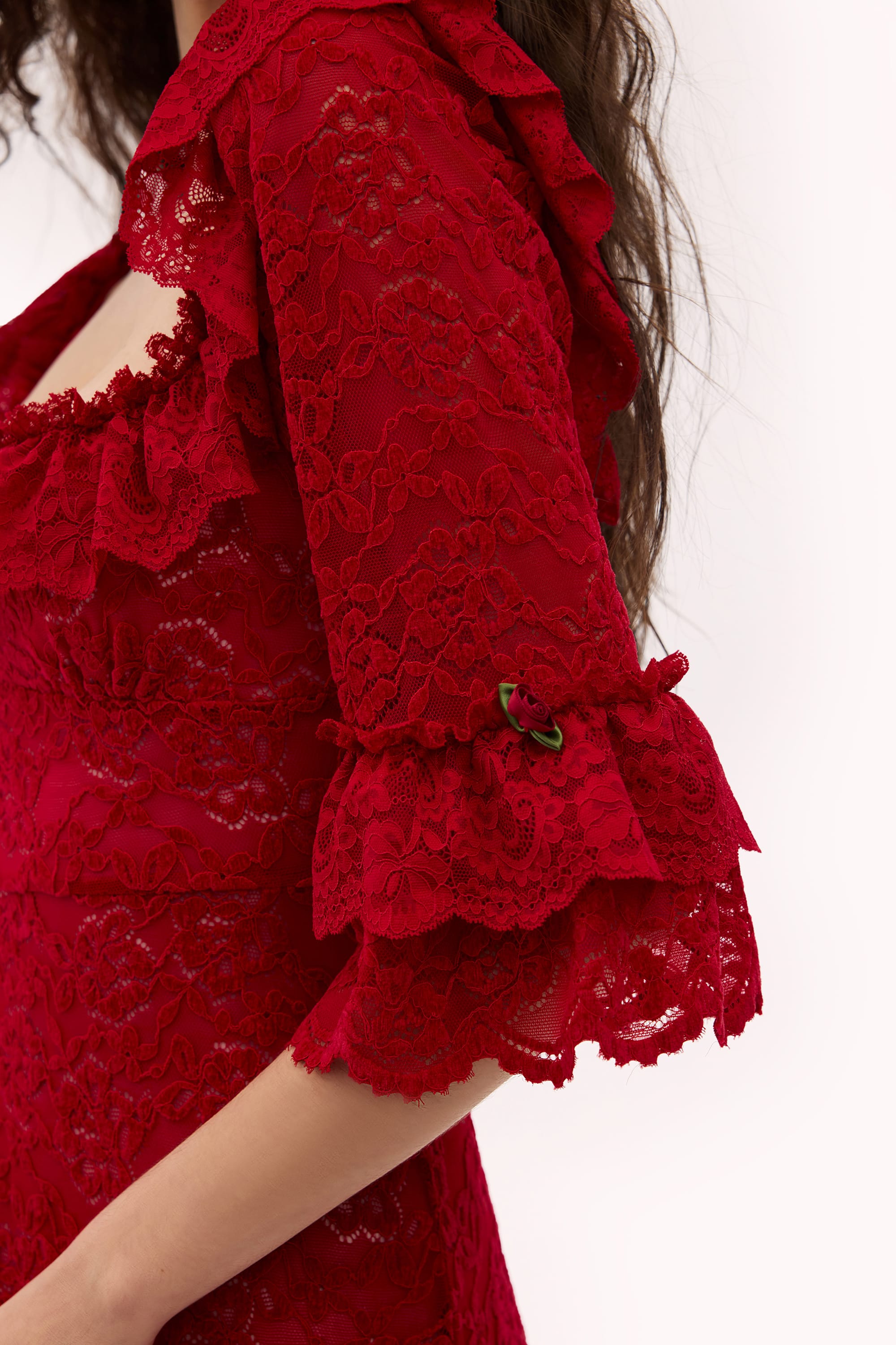 Scarlett Chenille Lace Midi Dress in Ruby Red