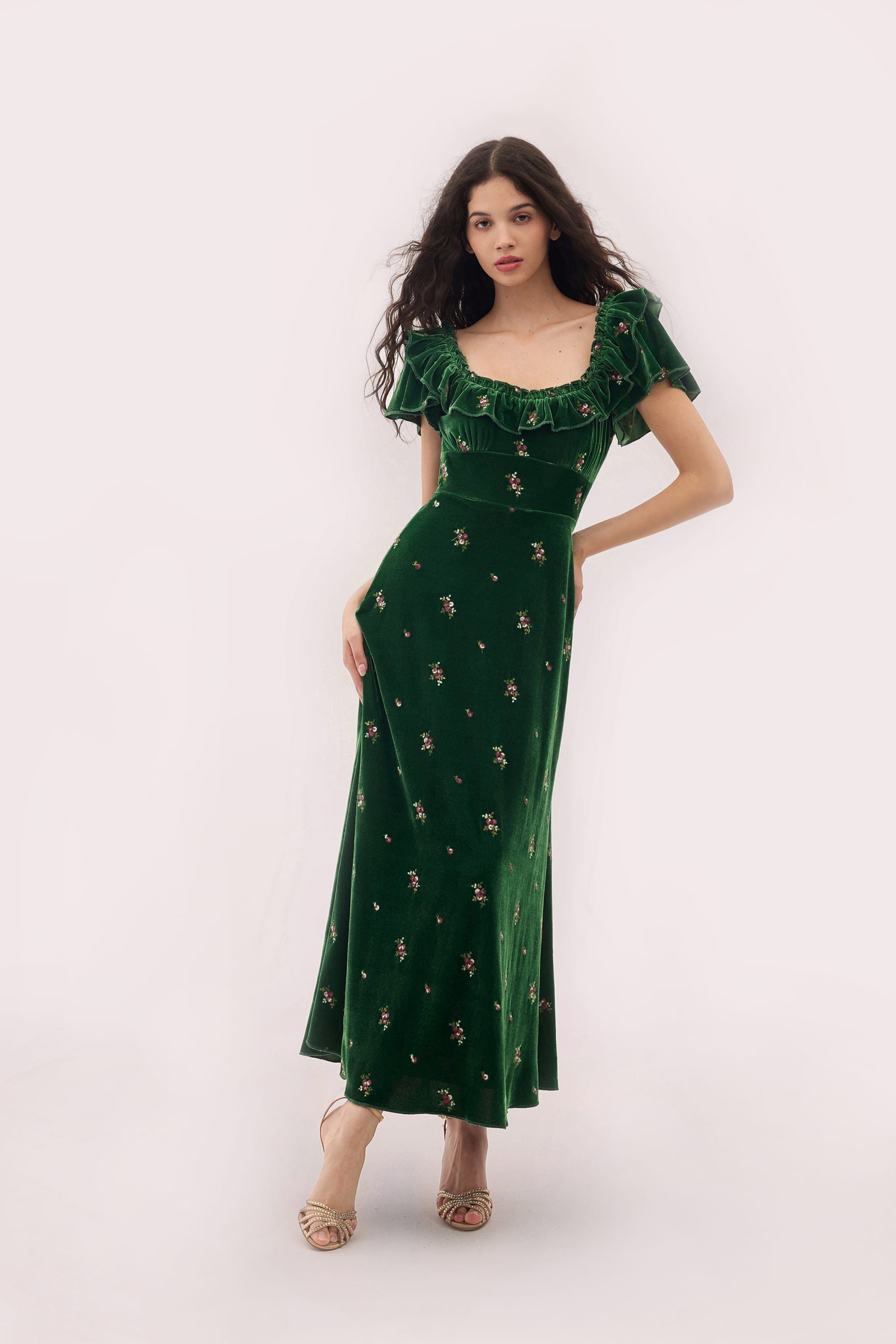 Sylvia Embroidered Velvet Maxi Dress in Forest Green