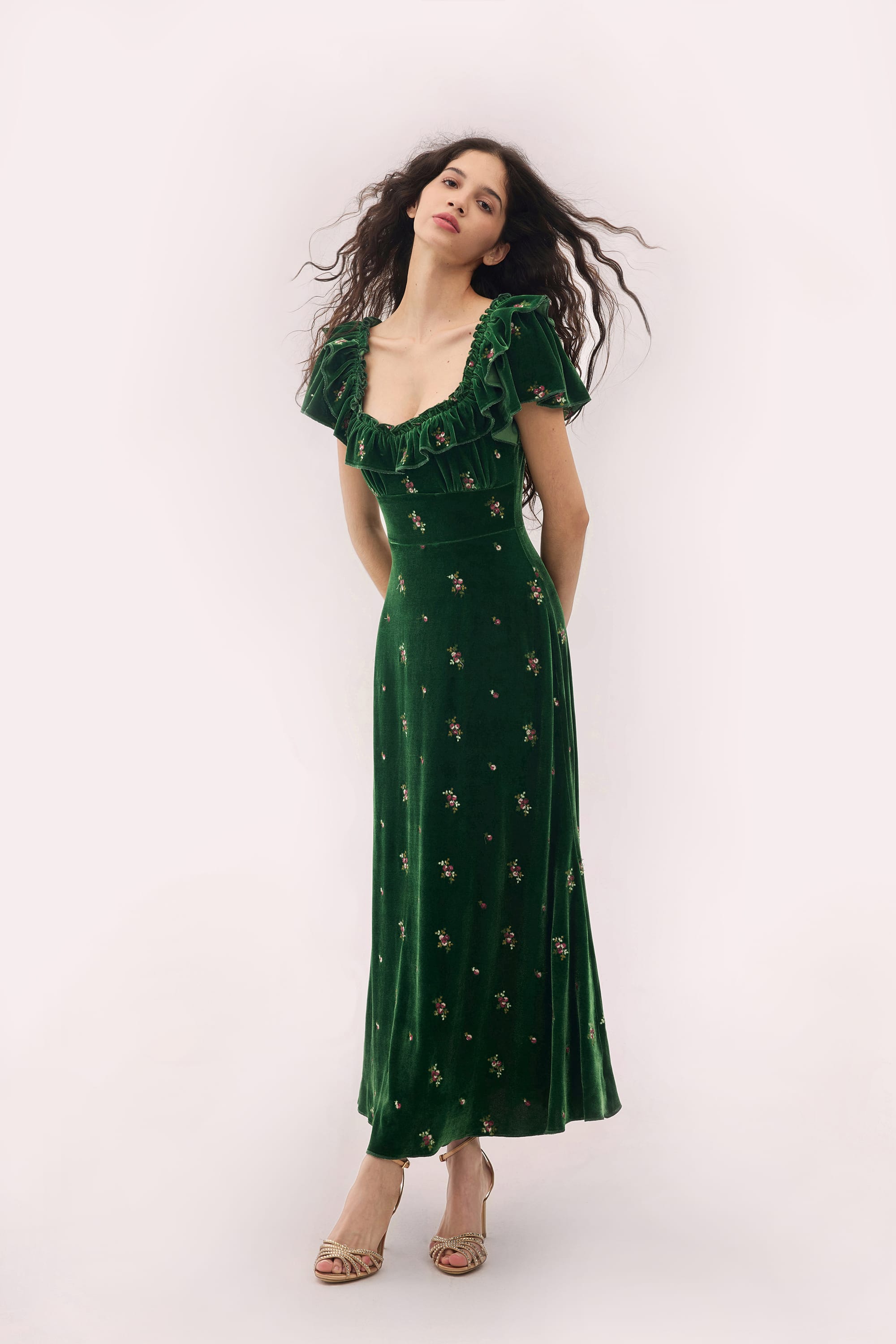 Sylvia Embroidered Velvet Maxi Dress in Forest Green