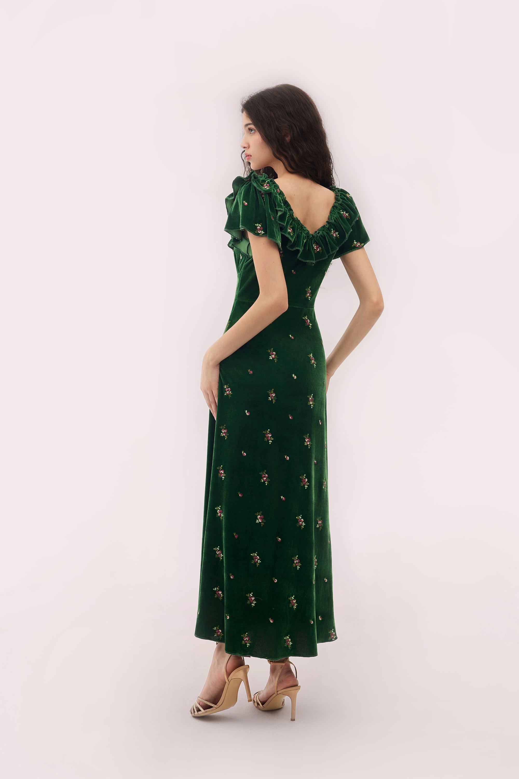 Sylvia Embroidered Velvet Maxi Dress in Forest Green