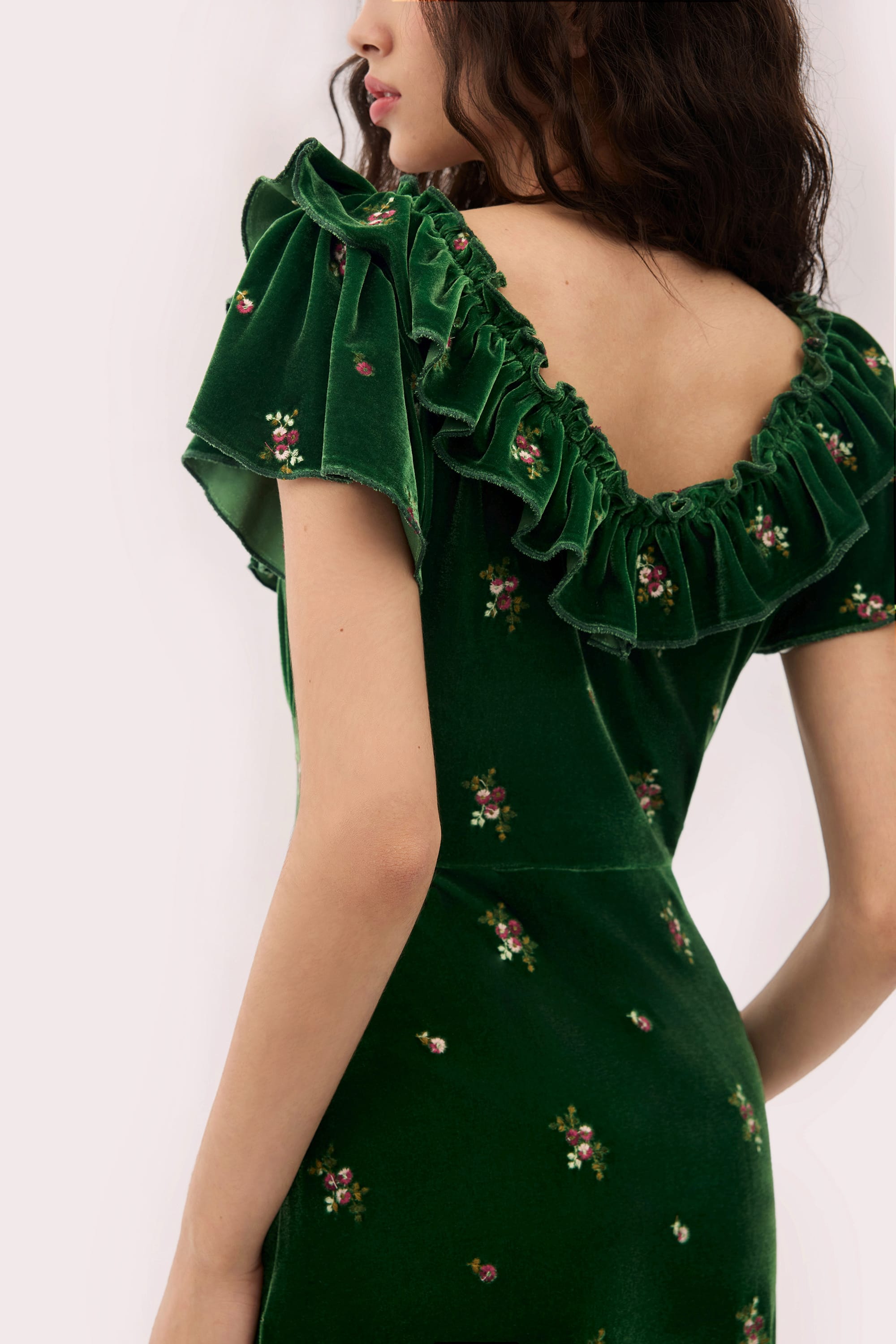 Sylvia Embroidered Velvet Maxi Dress in Forest Green