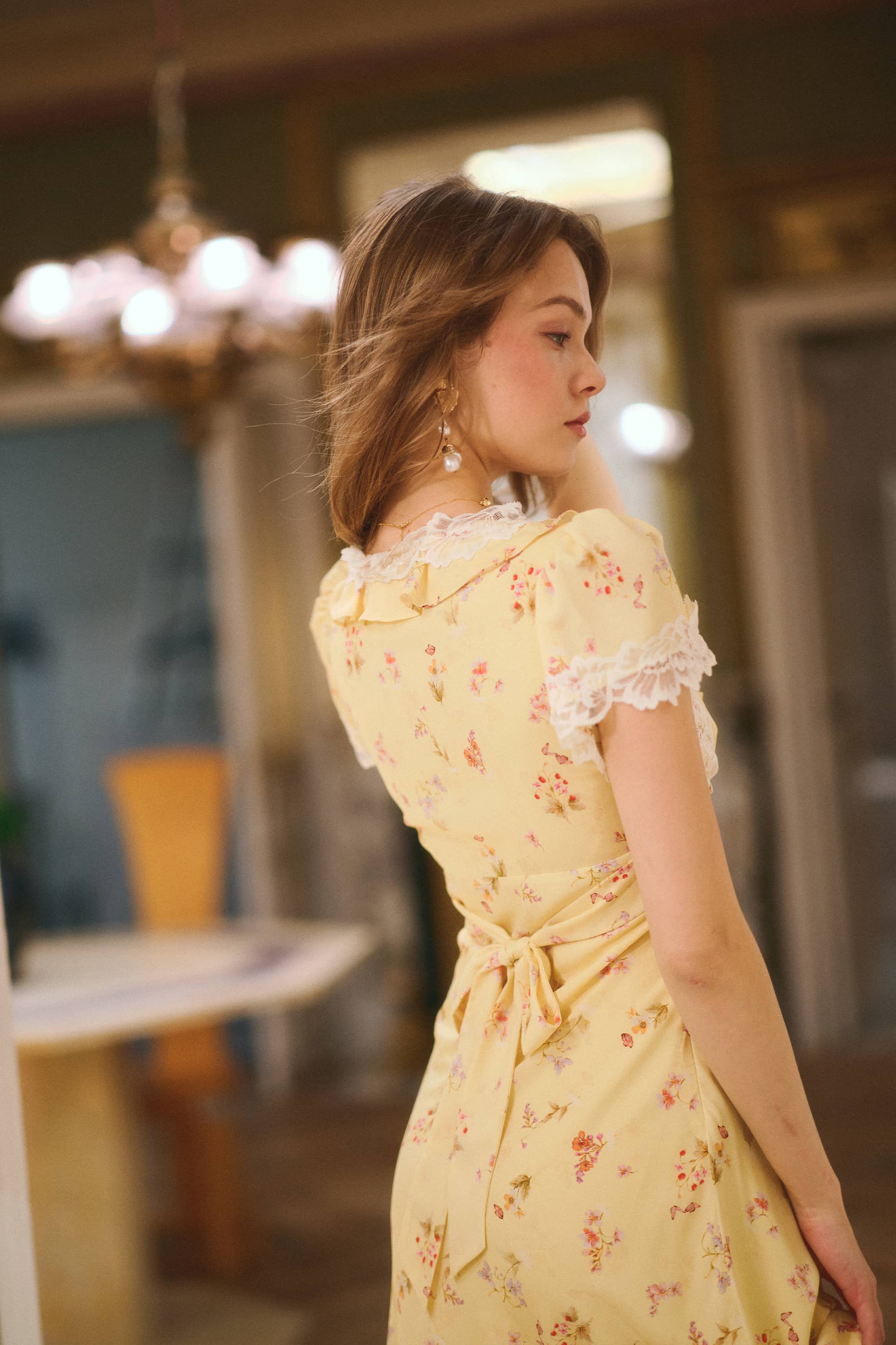Talina Lace-Trim Floral Midi Dress in Honey Yellow