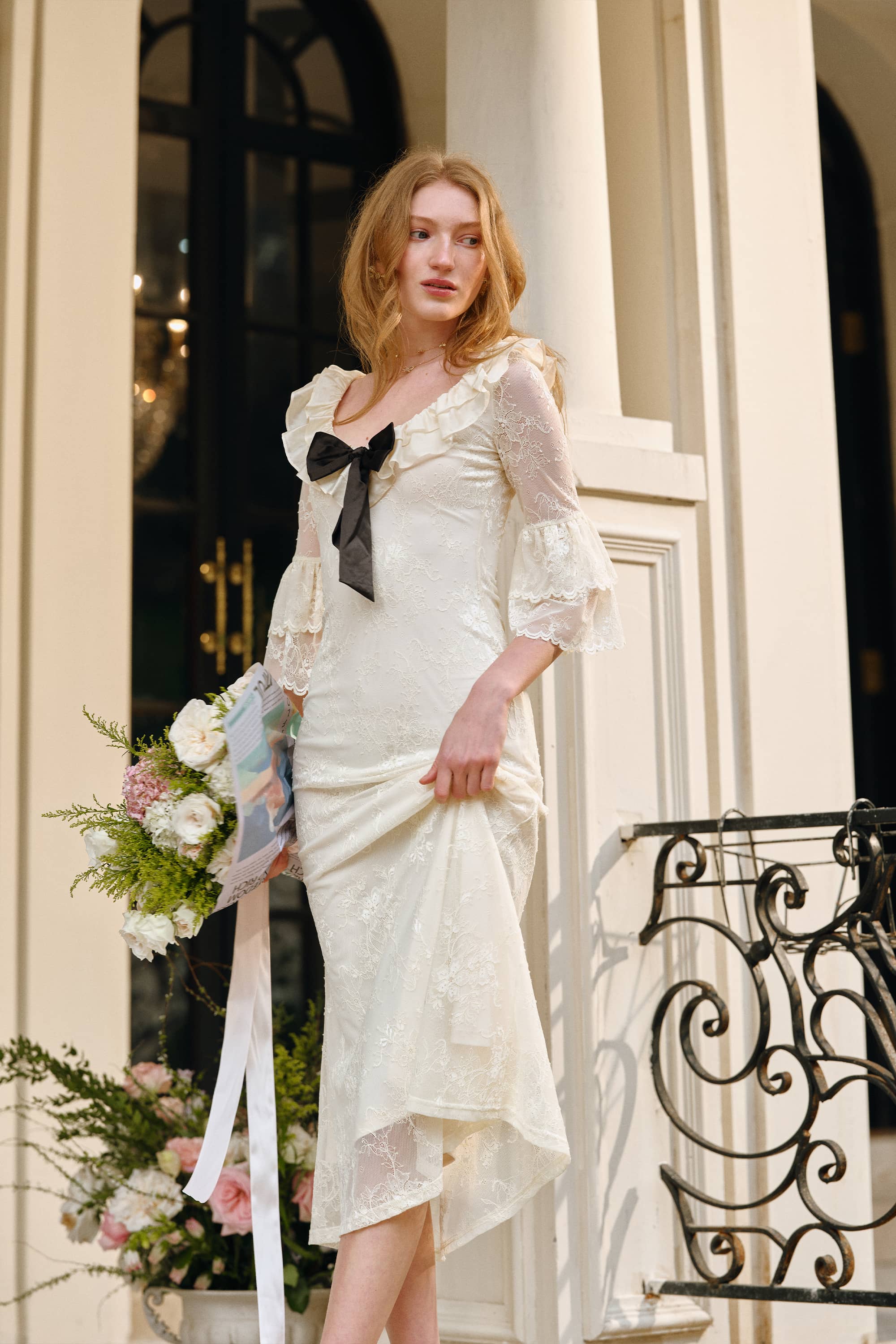 Veronica Stretch Lace Midi Dress in Pearl White