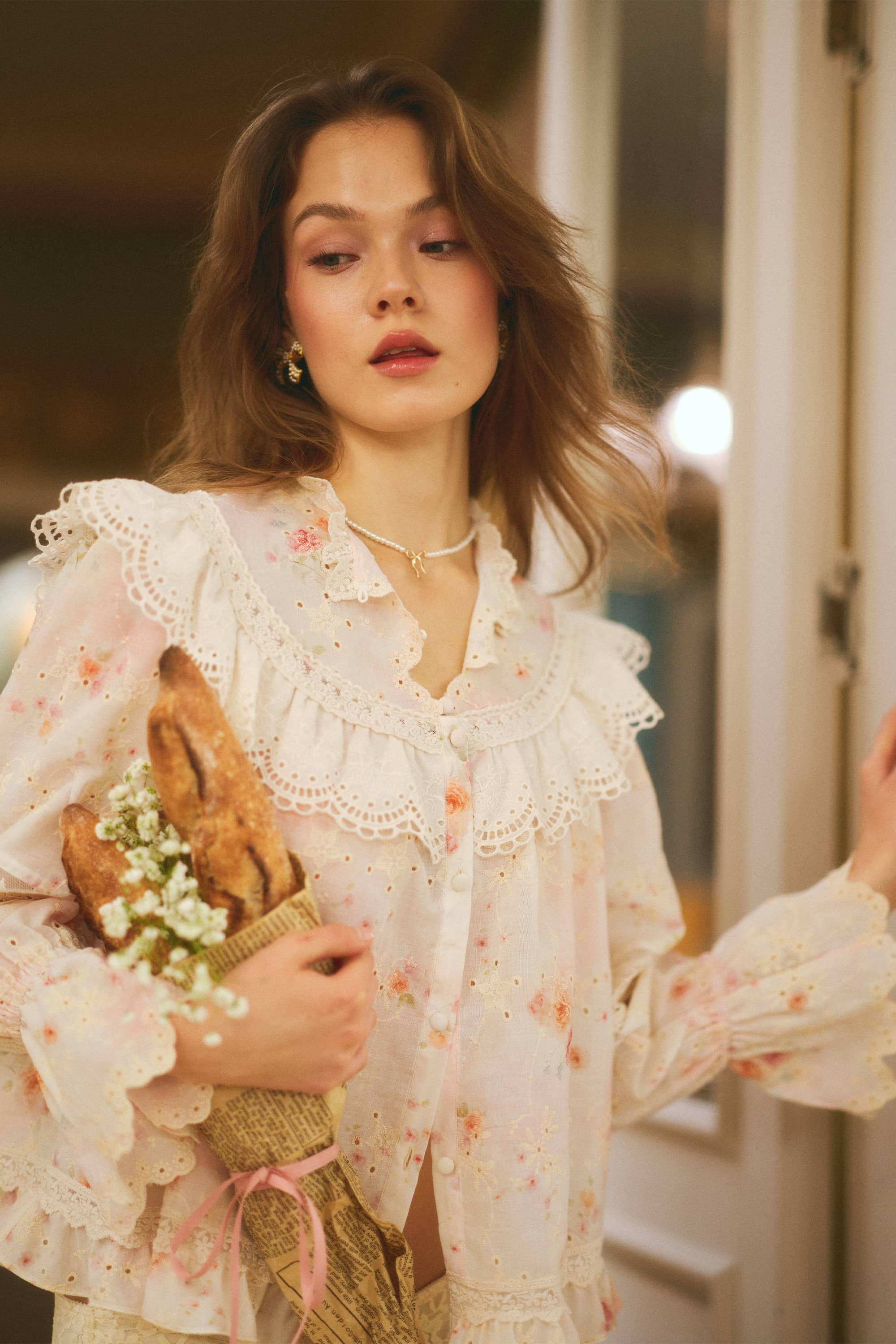 Colette Floral Lace Blouse in Soft Beige