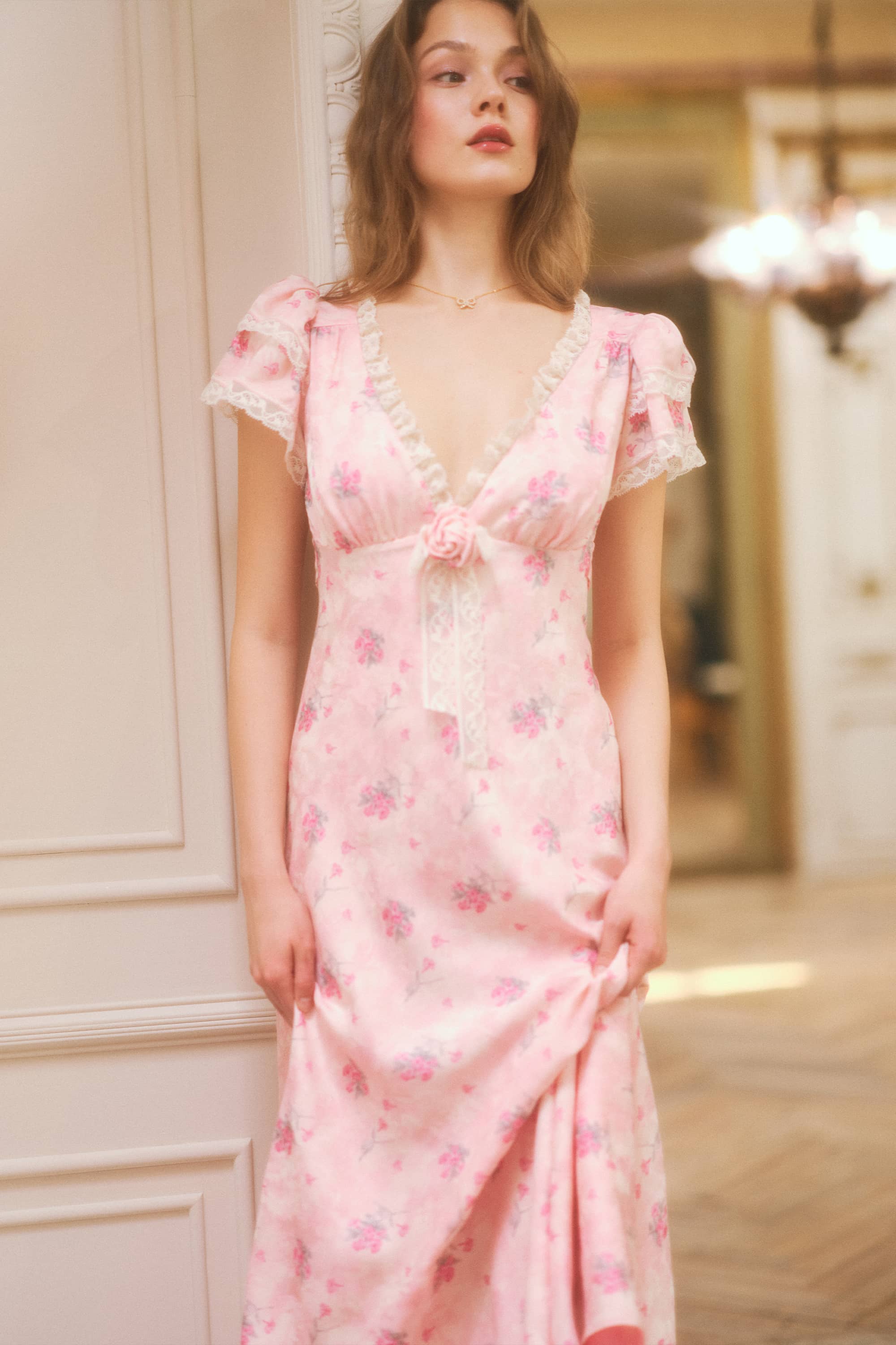 Elva Jacquard Satin Midi Dress in Rose Pink