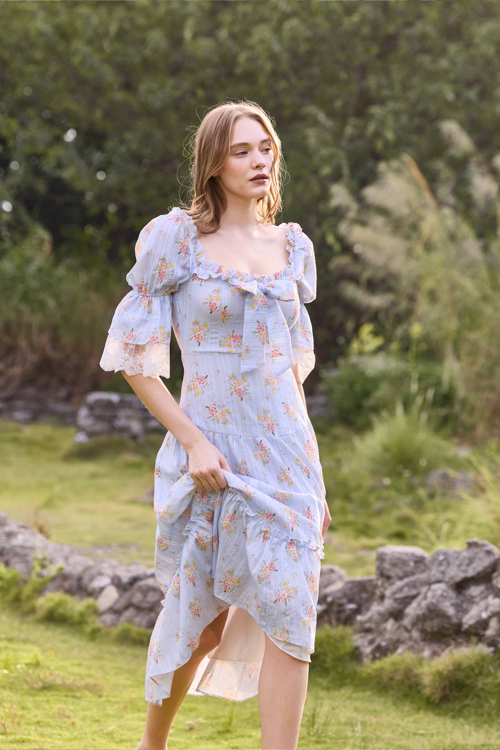 Tatiana Floral Cotton Midi Dress in Soft Horizon Blue