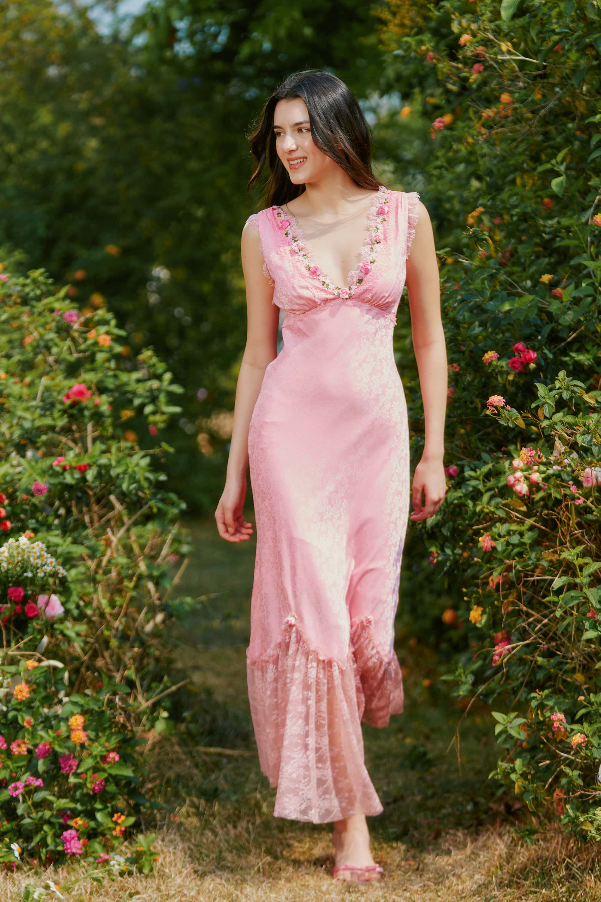 Bernadette Jacquard Satin Lace Floral Maxi Dress