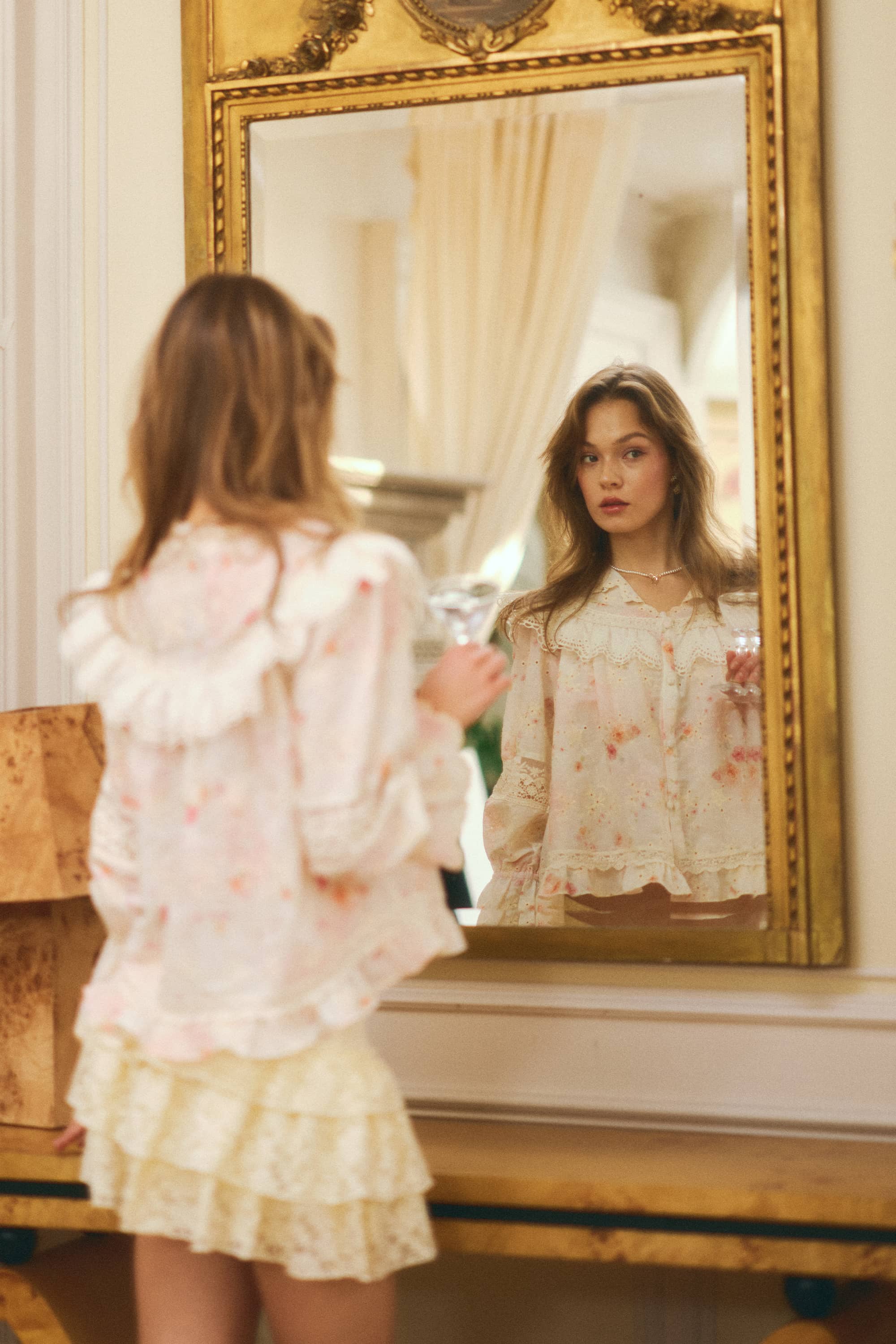 Colette Floral Lace Blouse in Soft Beige