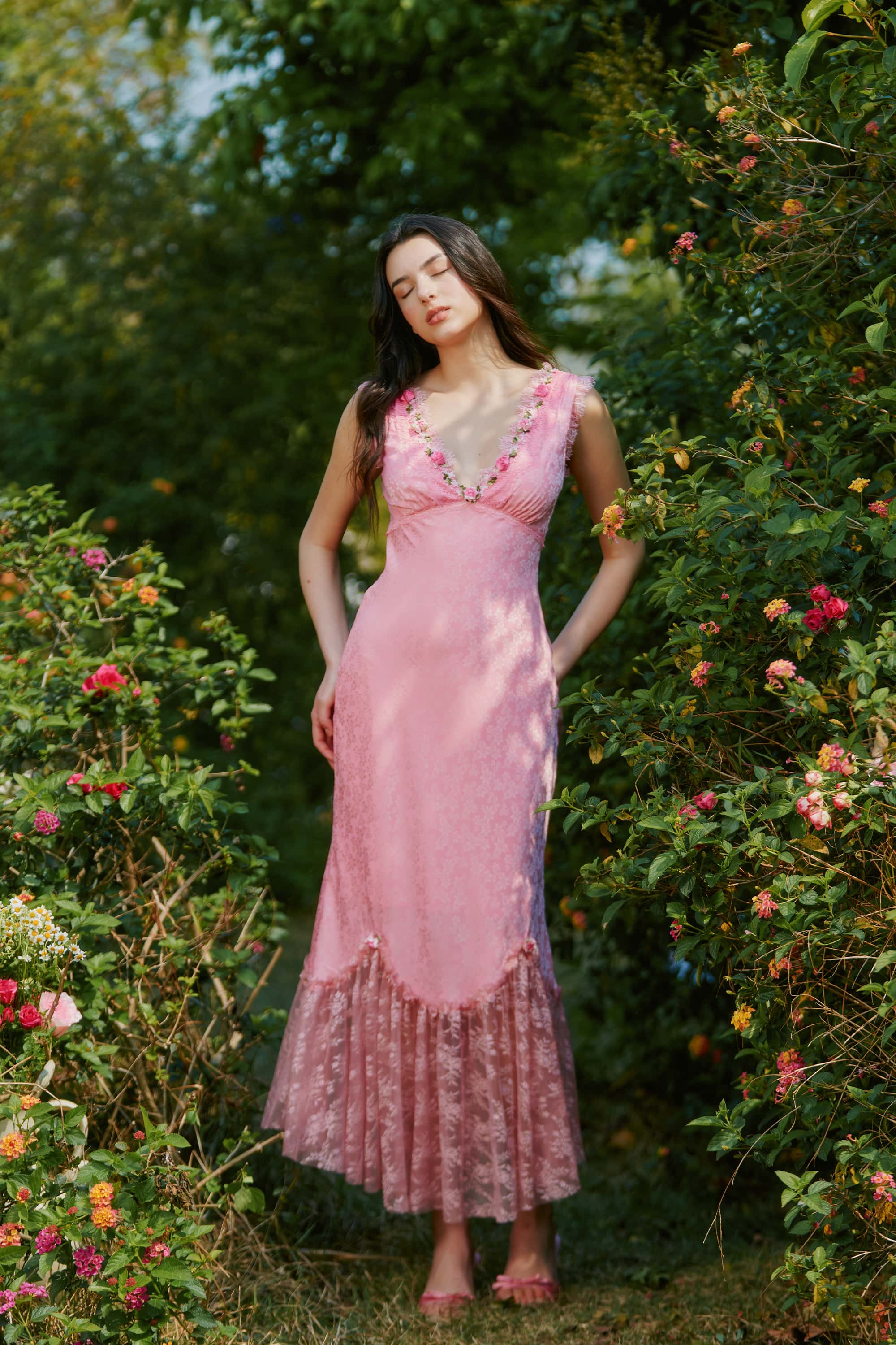 Bernadette Jacquard Satin Lace Floral Maxi Dress