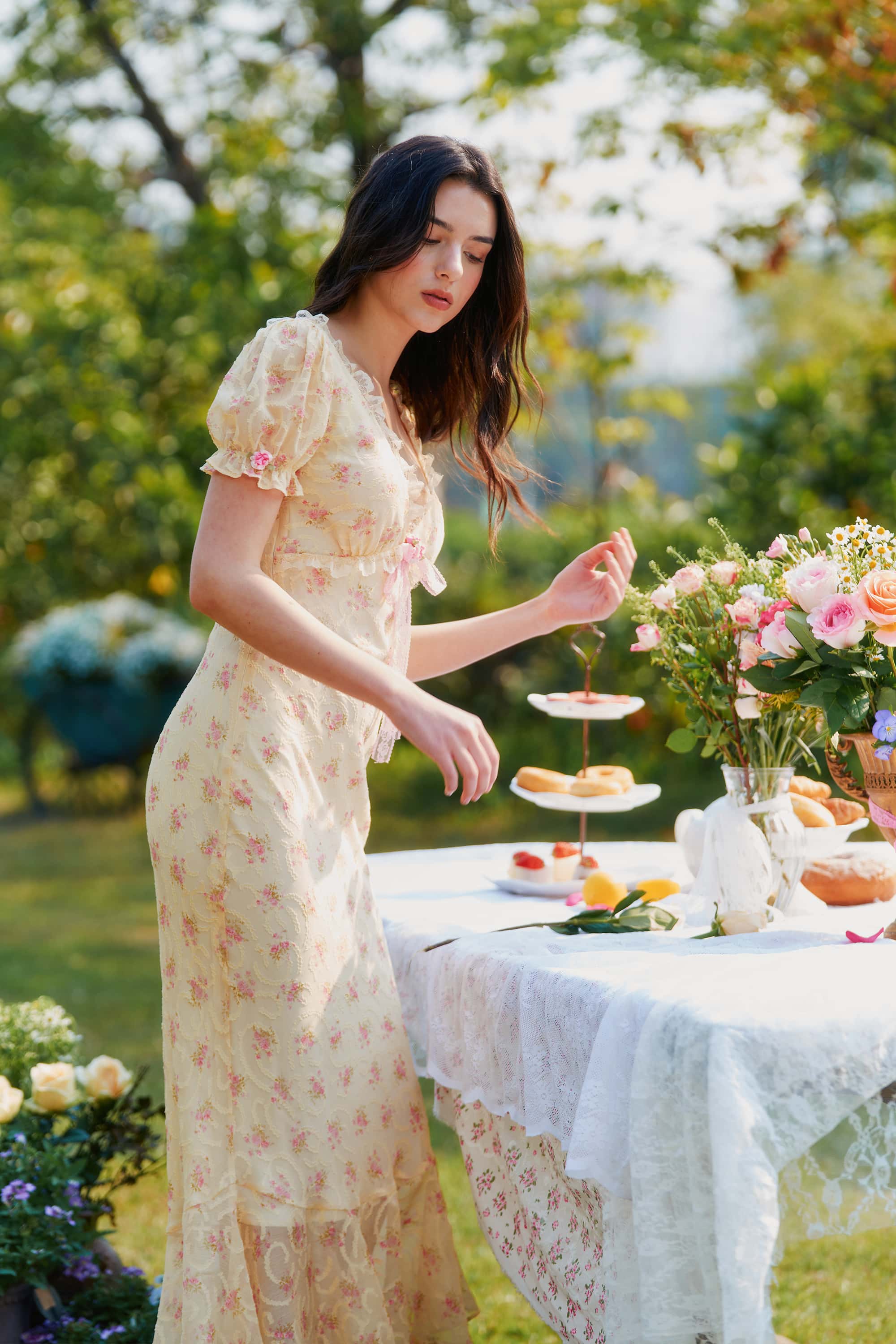 Maeve Applique Chiffon Midi Dress in Marigold Yellow