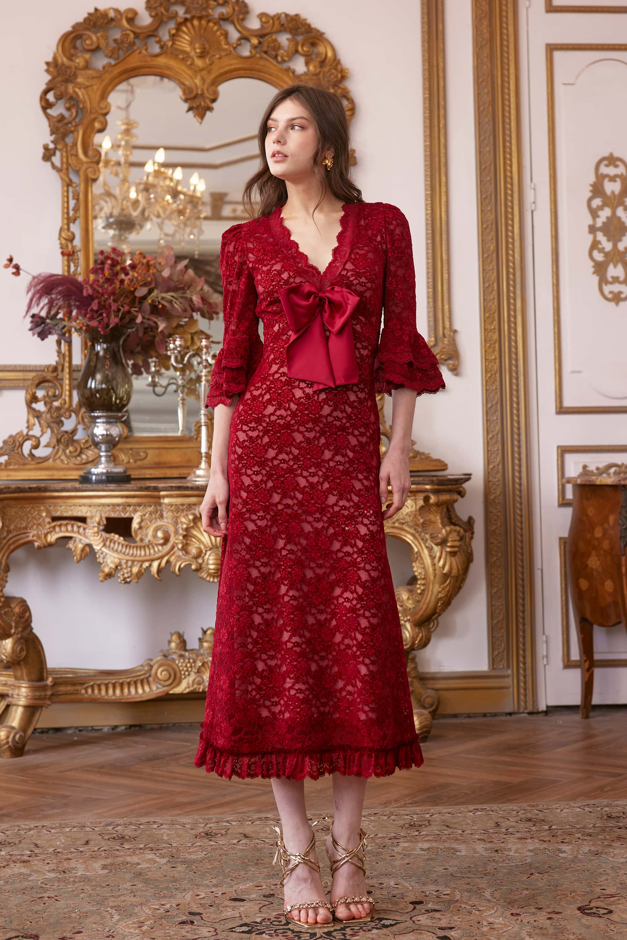 Elaine Chenille Lace Midi Dress in Berry Red