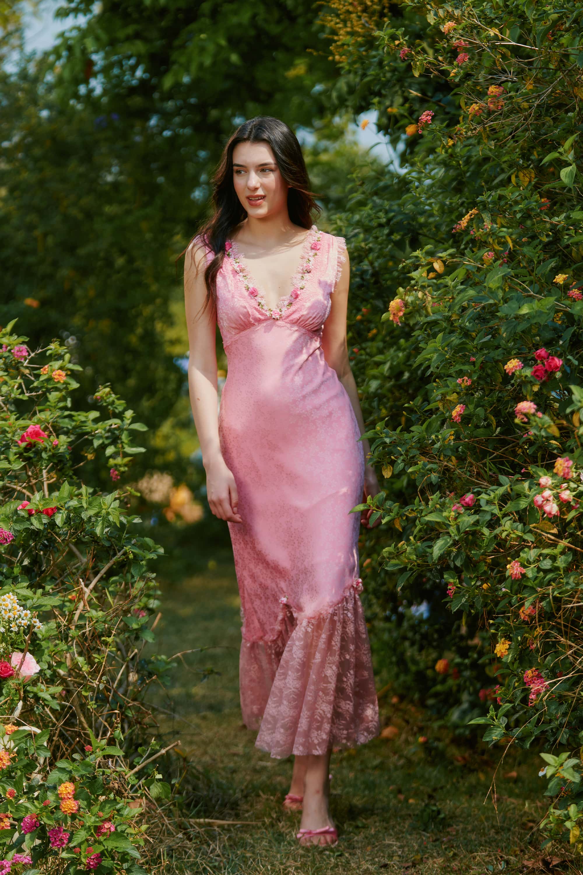 Bernadette Jacquard Satin Lace Floral Maxi Dress