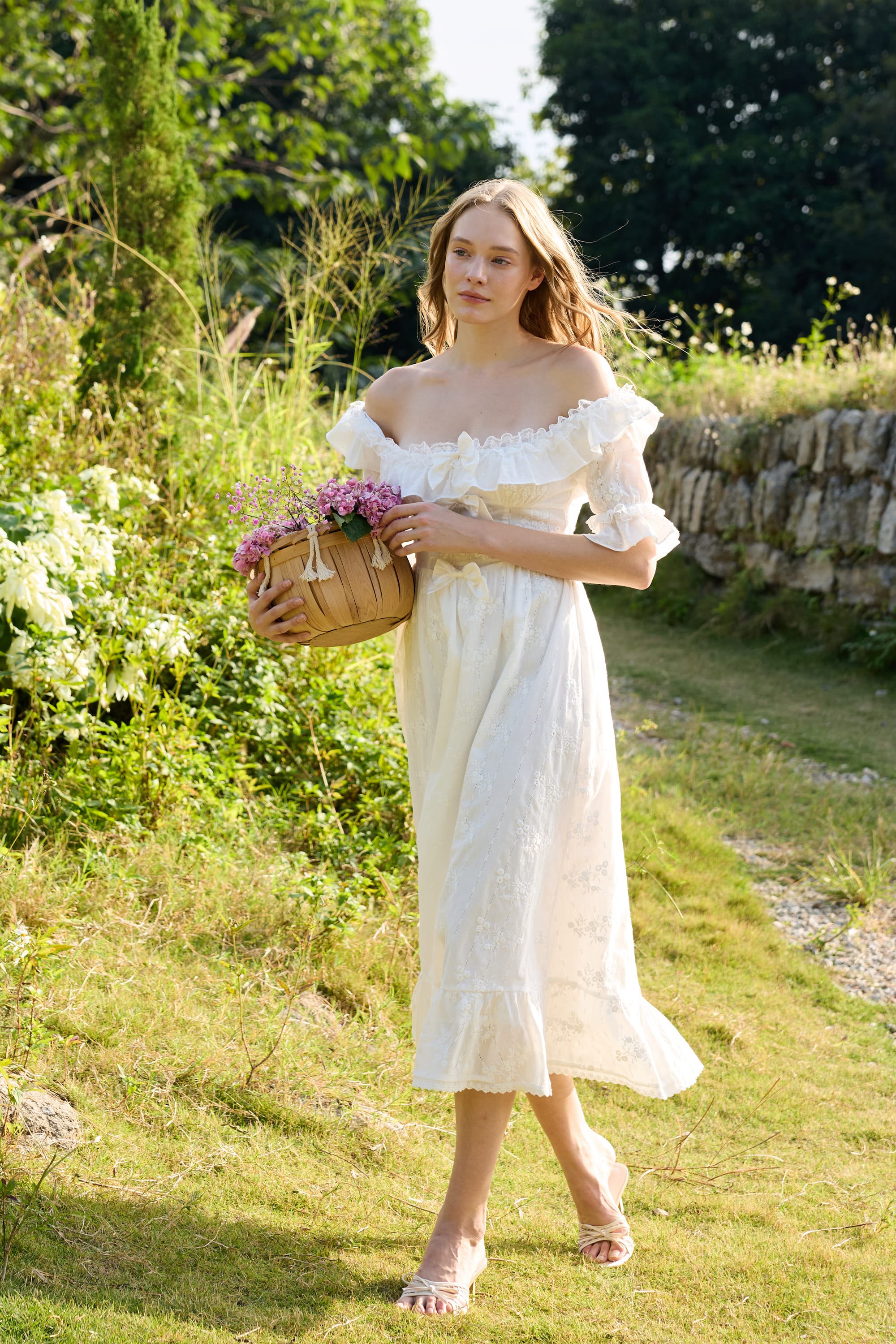 Aria Embroidered Cotton Midi Dress in White