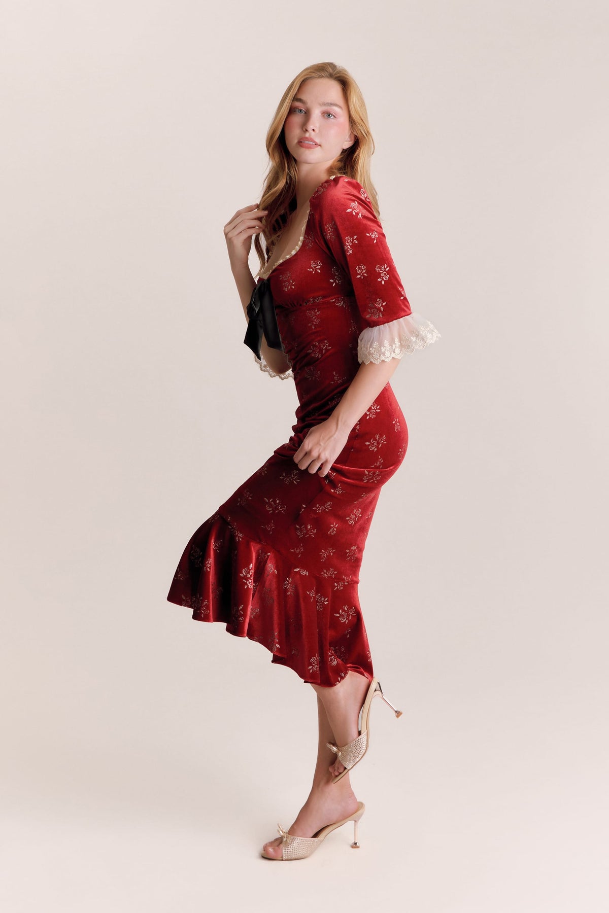 Iris Red Velvet Bow Midi Dress
