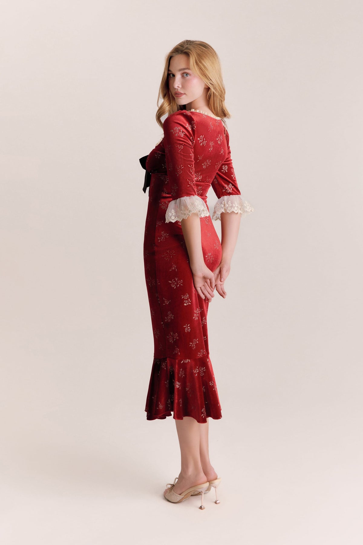 Iris Red Velvet Bow Midi Dress