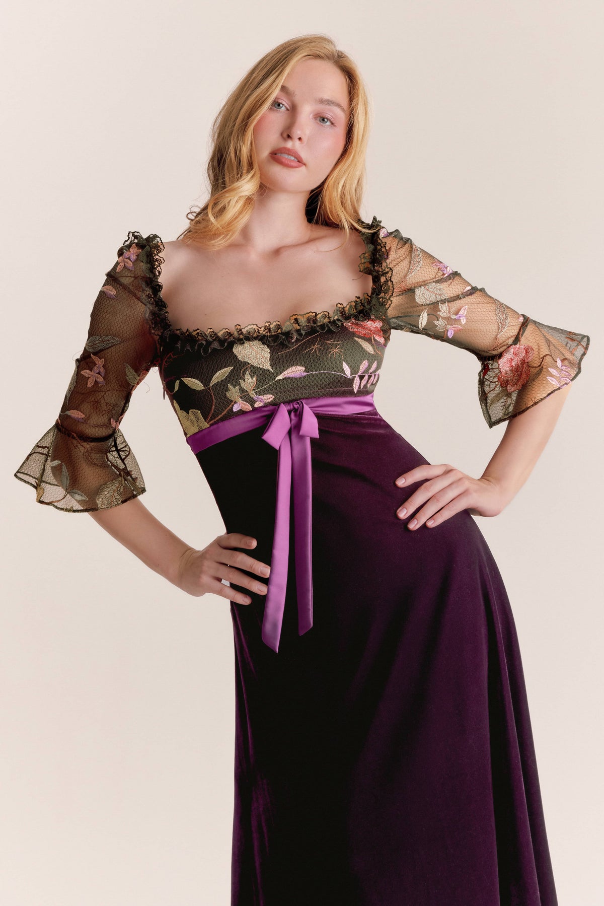 Ella Purple Velvet Bell Sleeve Midi Dress