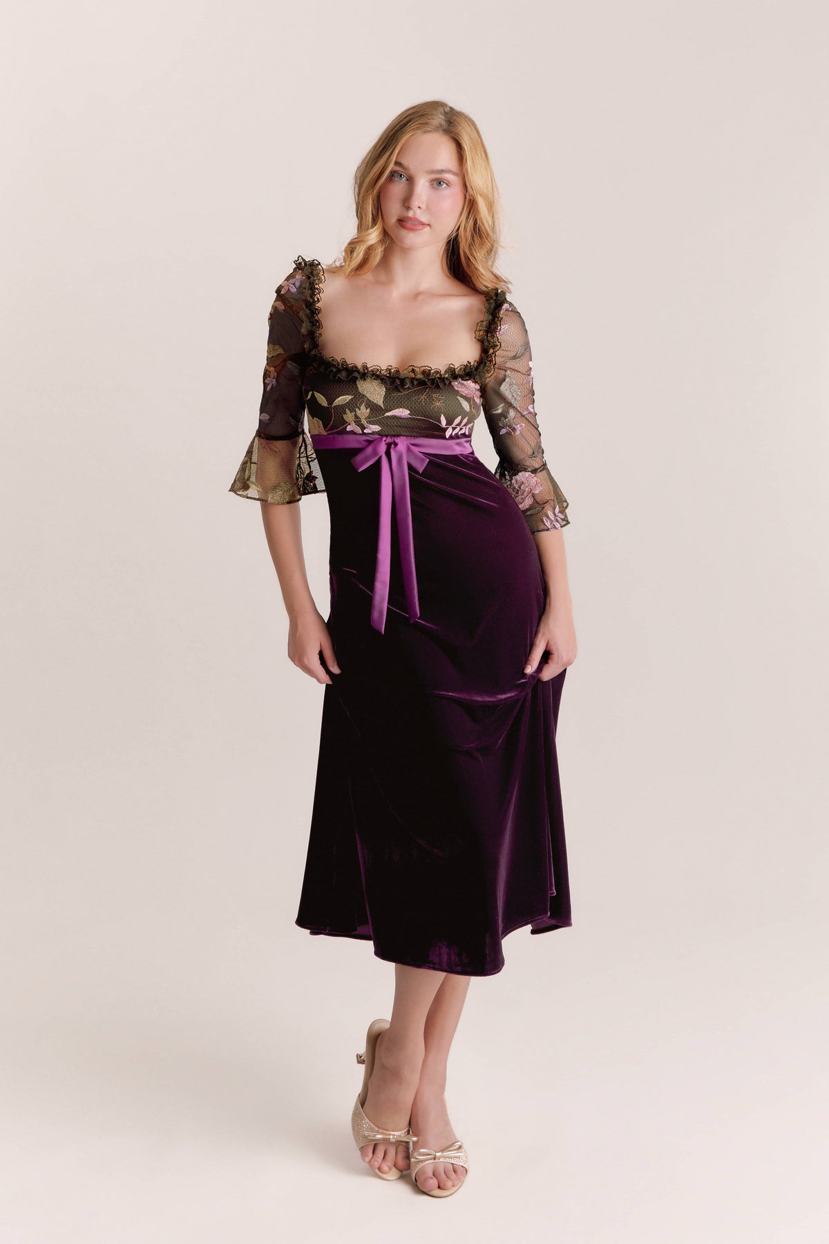Ella Purple Velvet Bell Sleeve Midi Dress