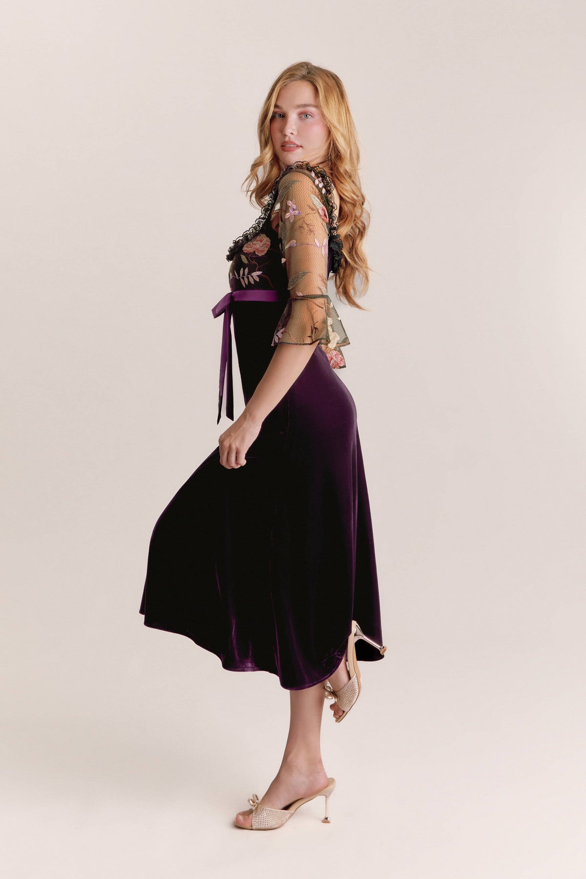 Ella Purple Velvet Bell Sleeve Midi Dress