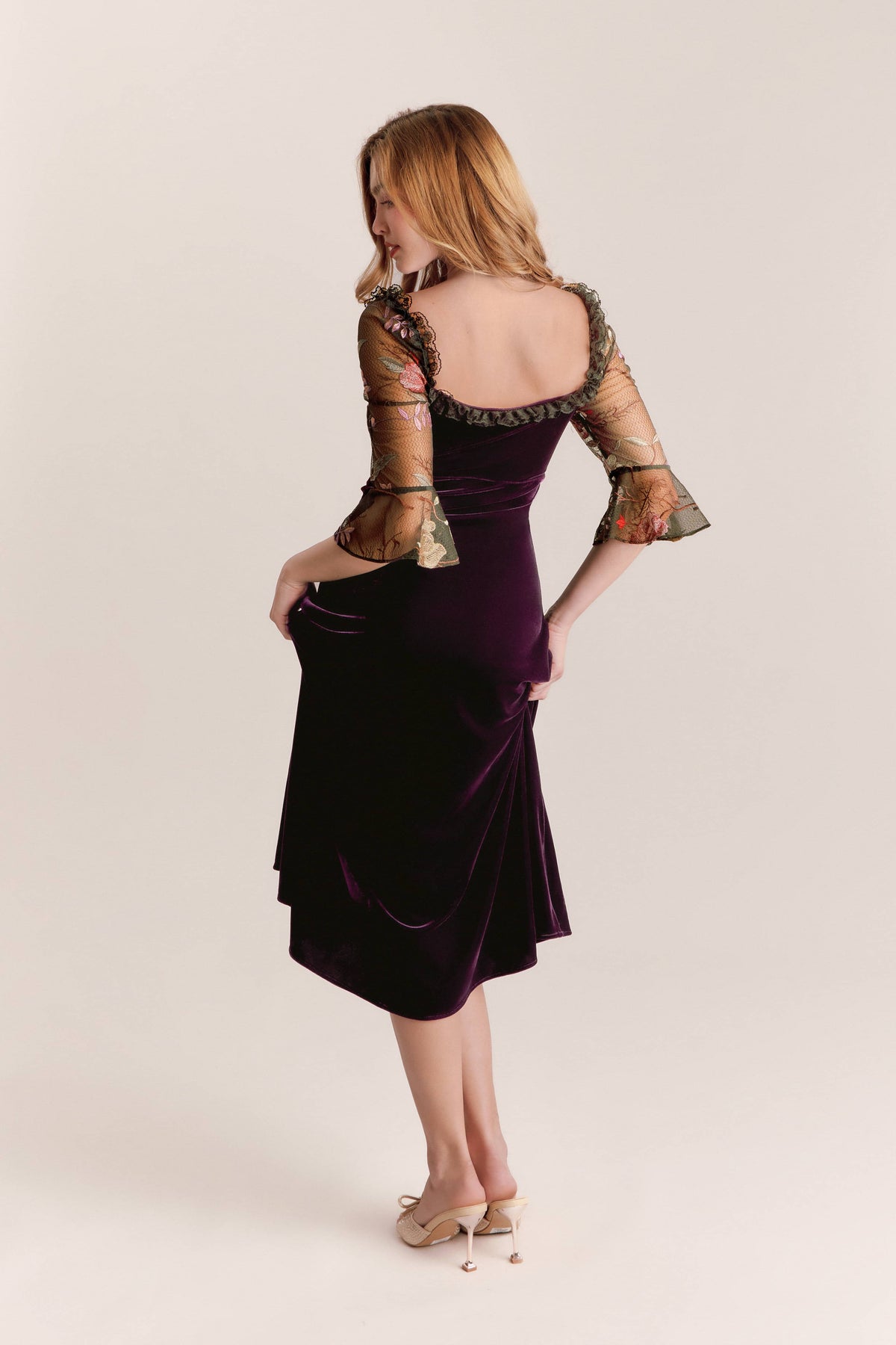 Ella Purple Velvet Bell Sleeve Midi Dress
