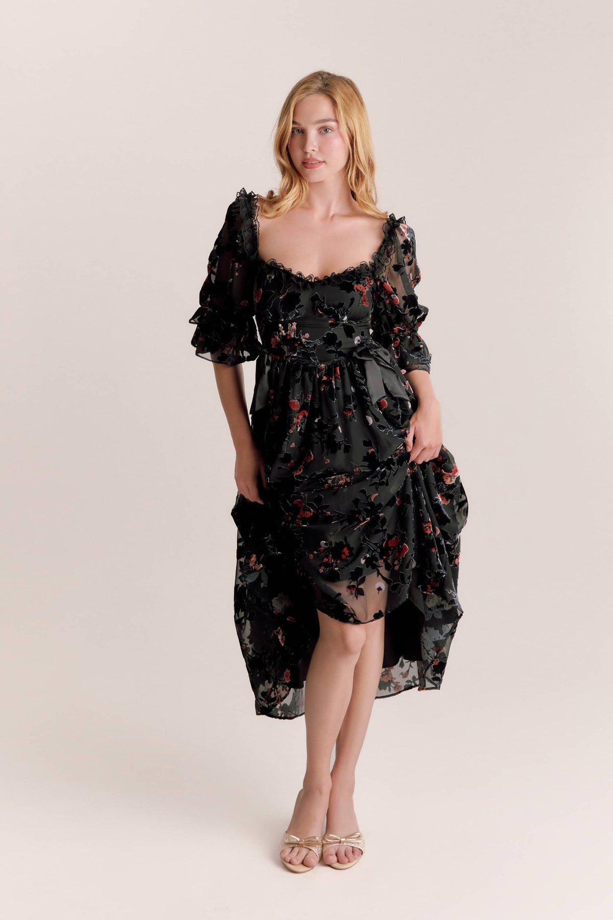 Bianca Black Burnout Velvet Midi Dress