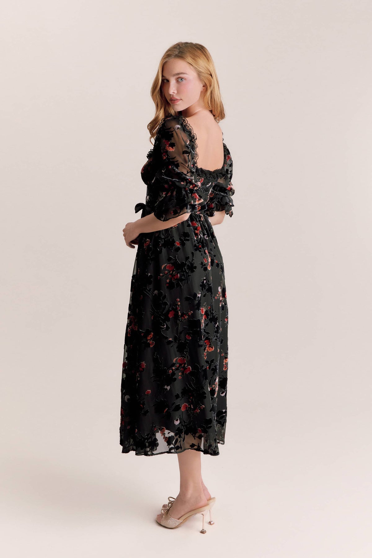 Bianca Black Burnout Velvet Midi Dress