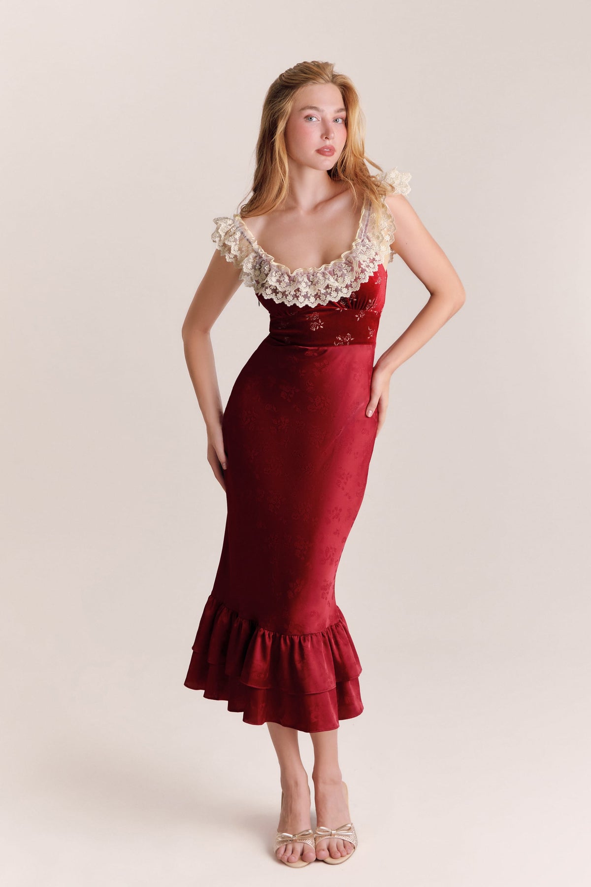 Sienna Red Jacquard Satin Midi Dress