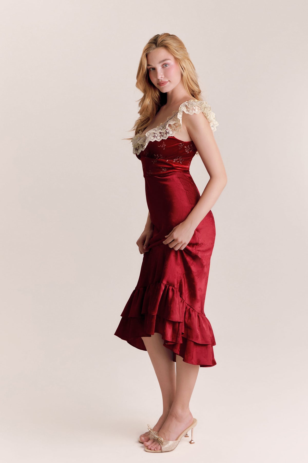 Sienna Red Jacquard Satin Midi Dress