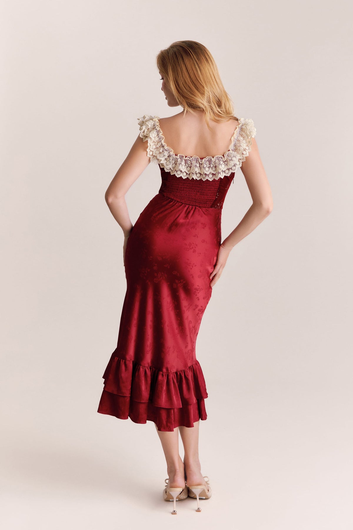 Sienna Red Jacquard Satin Midi Dress
