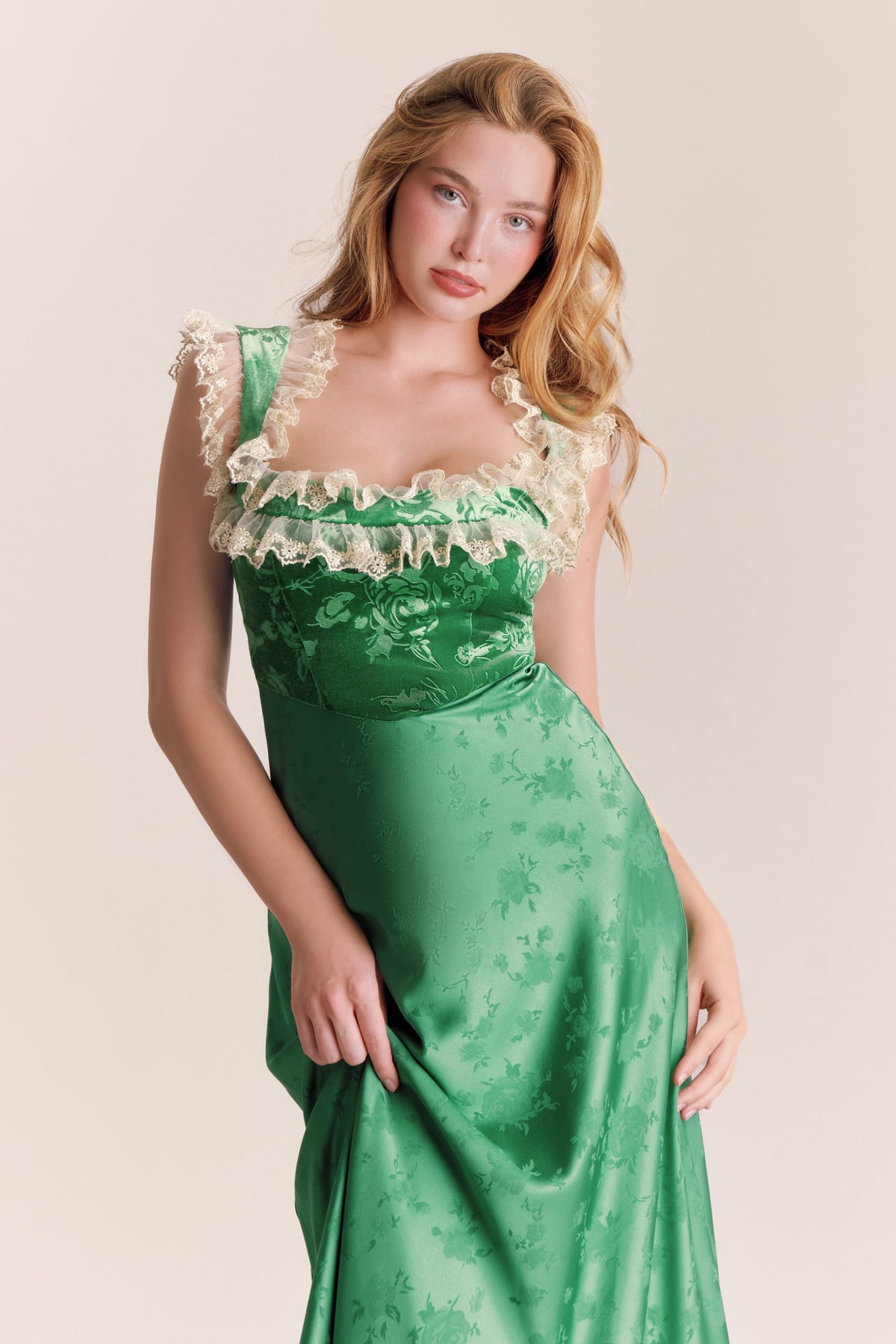 Jade Green Jacquard Satin Maxi Dress