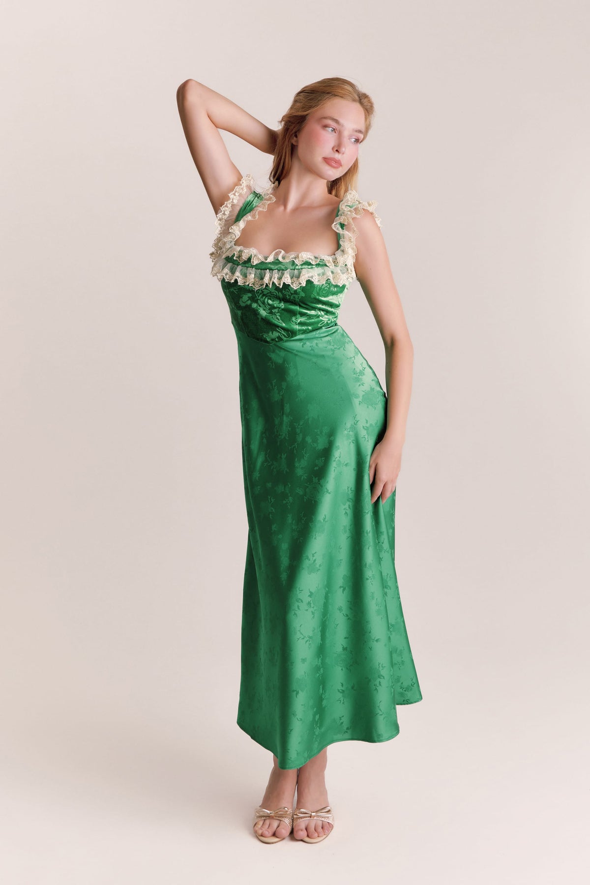 Jade Green Jacquard Satin Maxi Dress