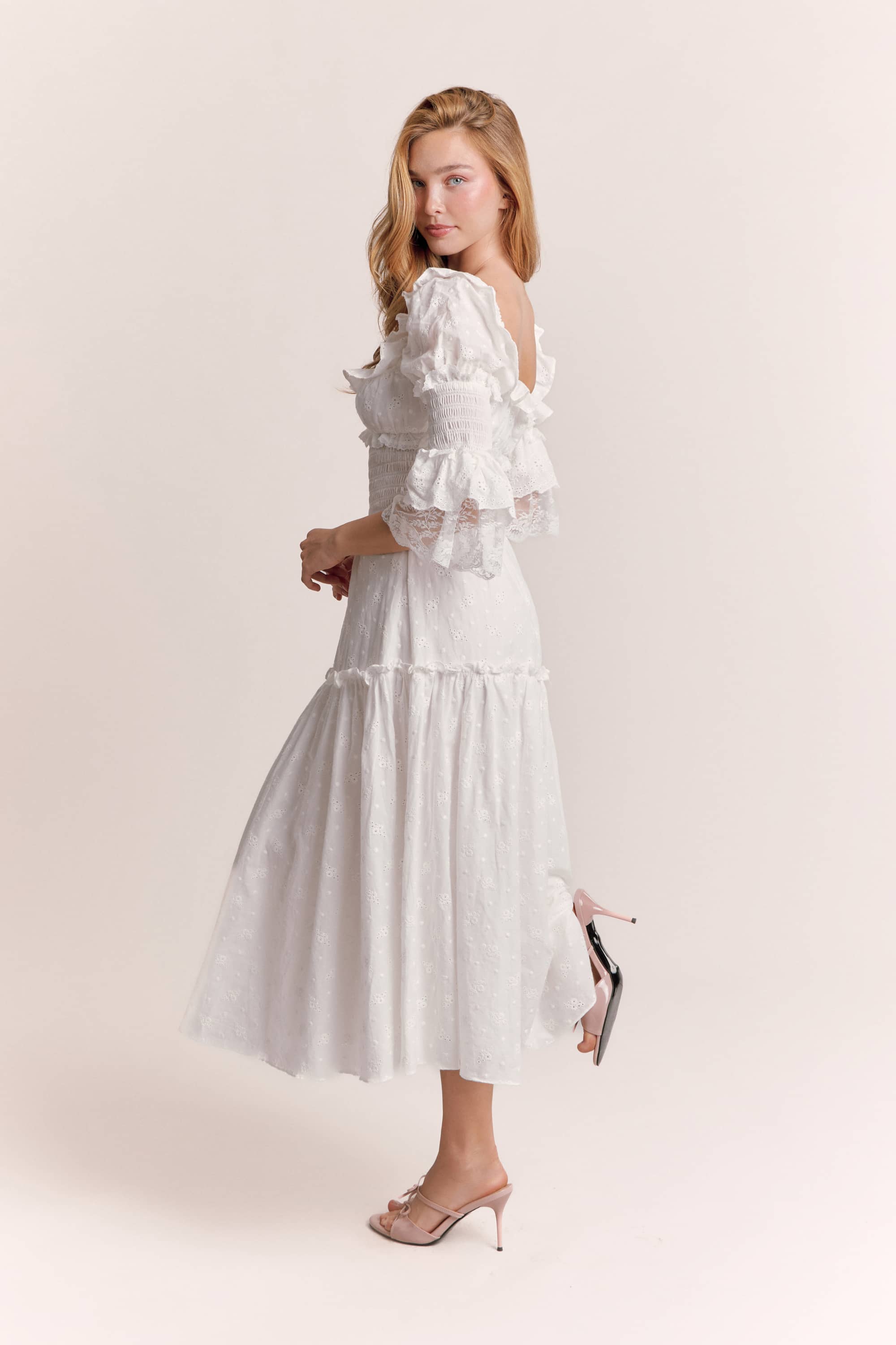 Claudia Embroidered Cotton Midi Dress in White