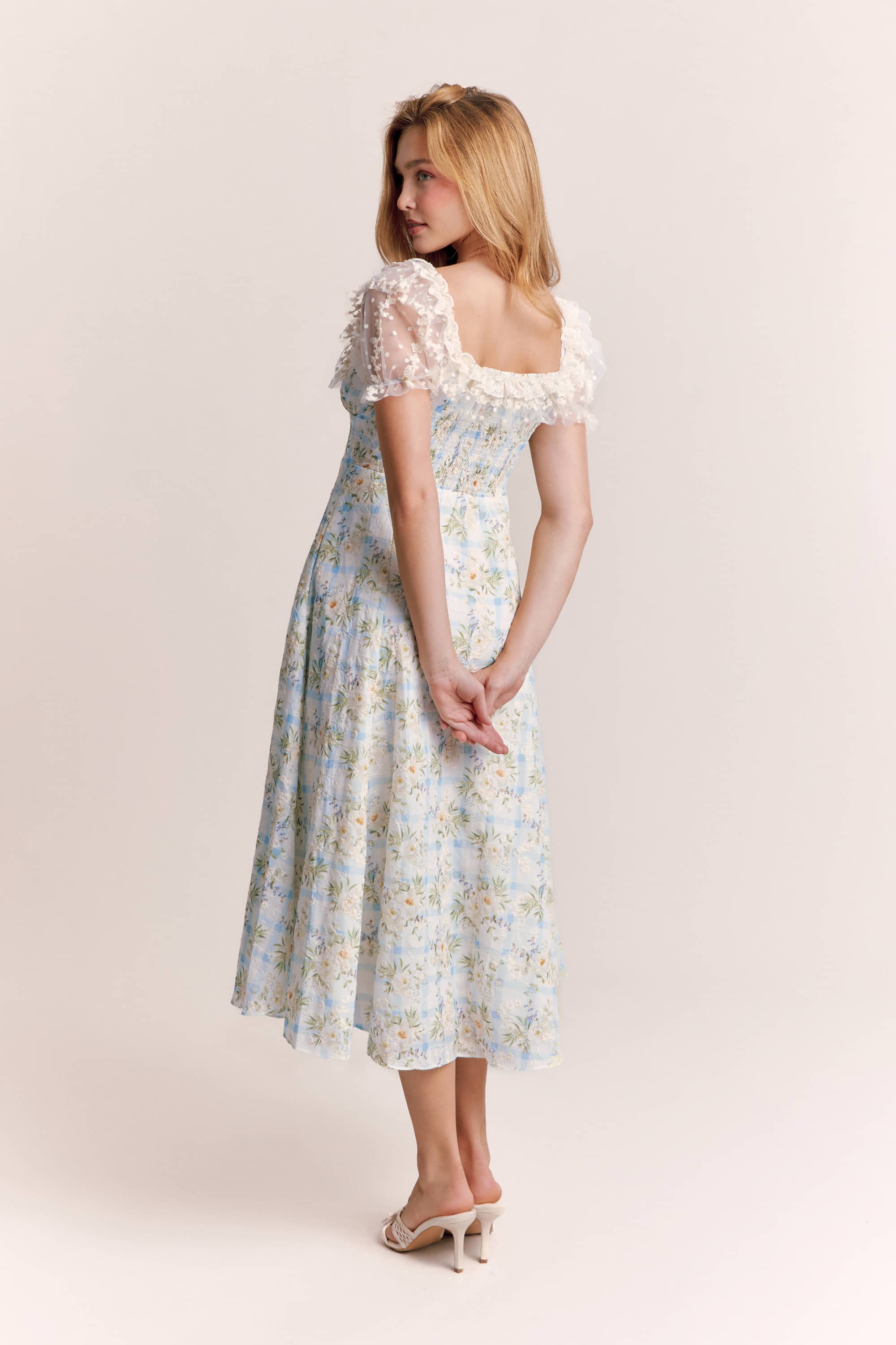 Kimberly Embroidered Puff Sleeve Midi Dress in Powder Blue