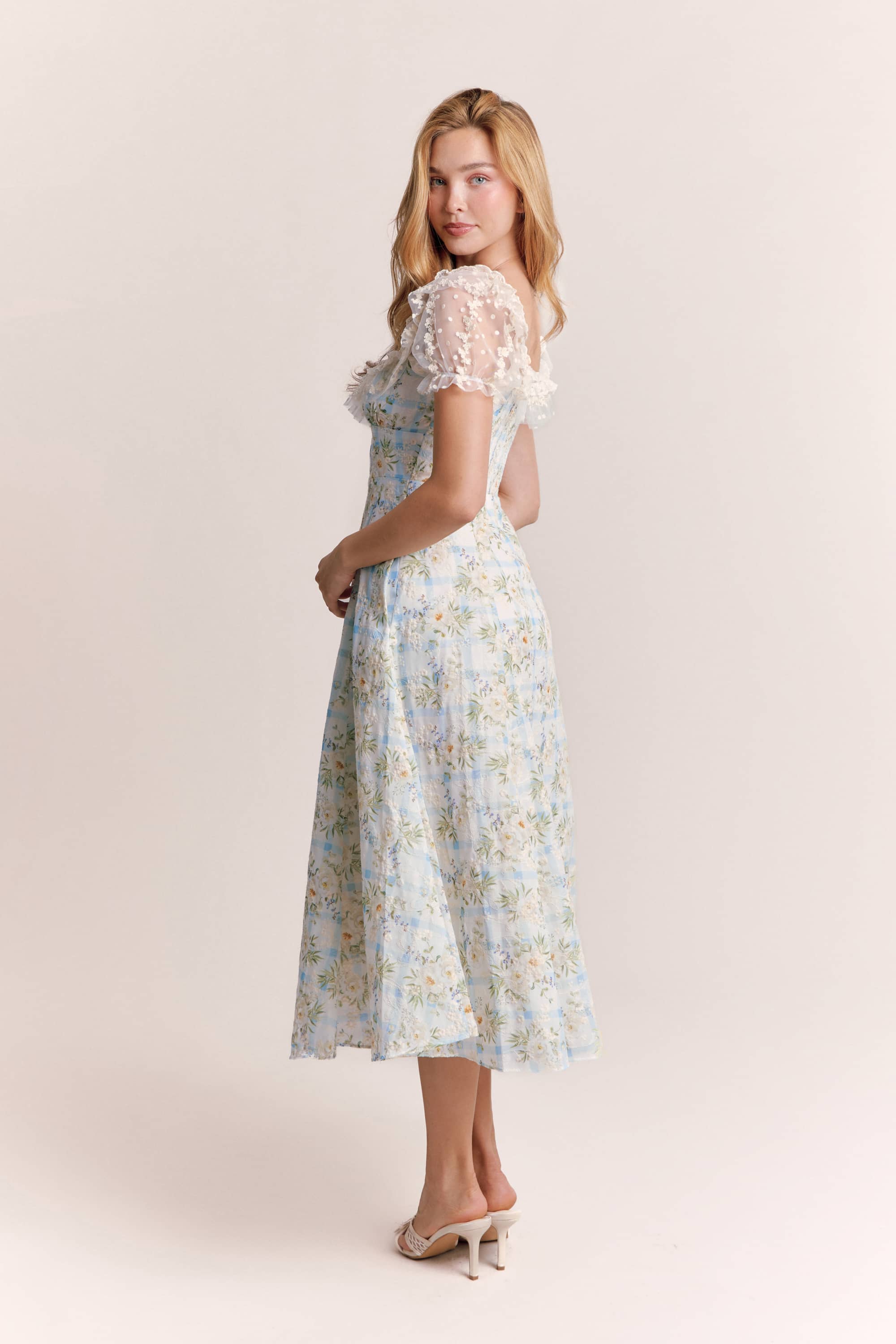 Kimberly Embroidered Puff Sleeve Midi Dress in Powder Blue
